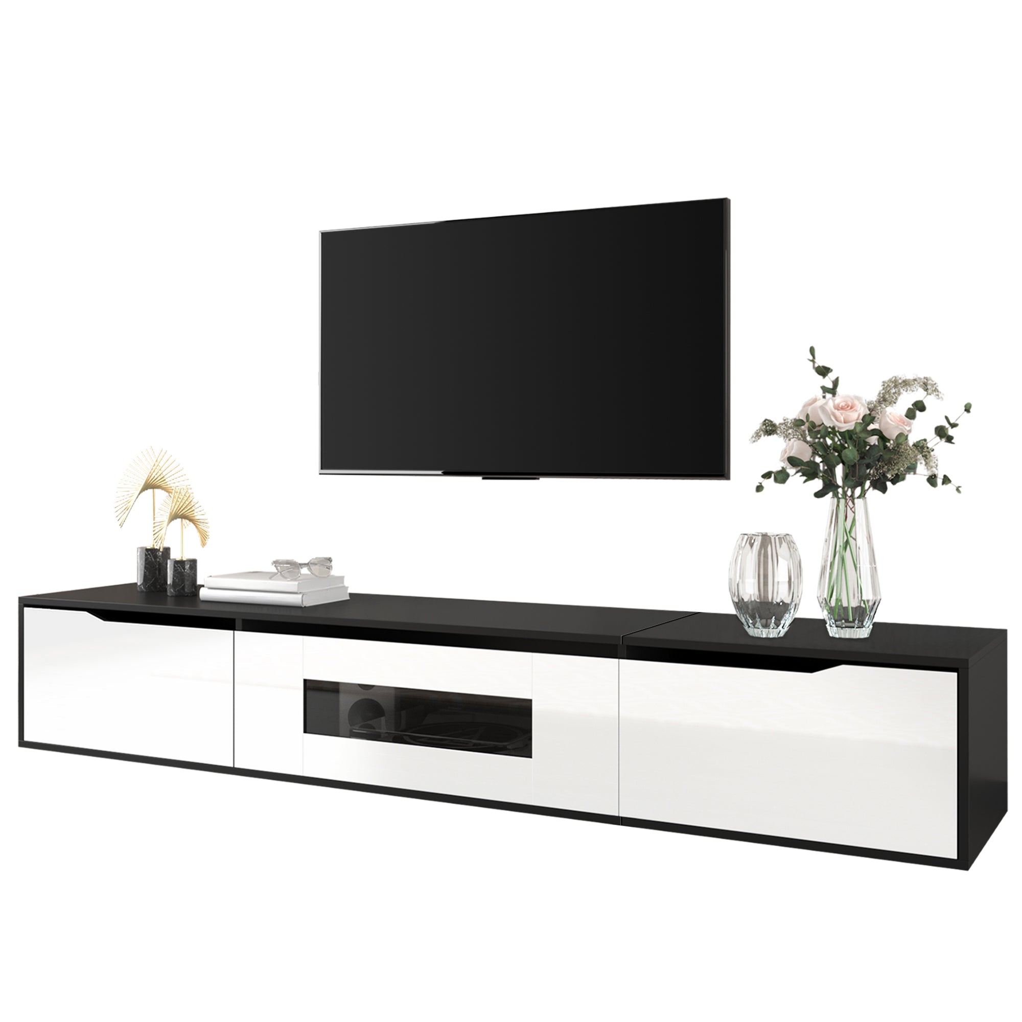 High-gloss TV Cabinet, 180cm LED USB Wall-Mounted Black & White