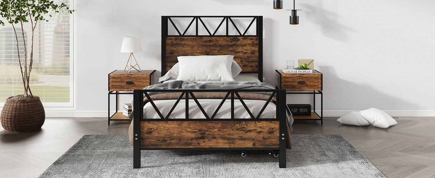 Metal Bed, 3FT Single with 2 Drawers, Black+Wood Color