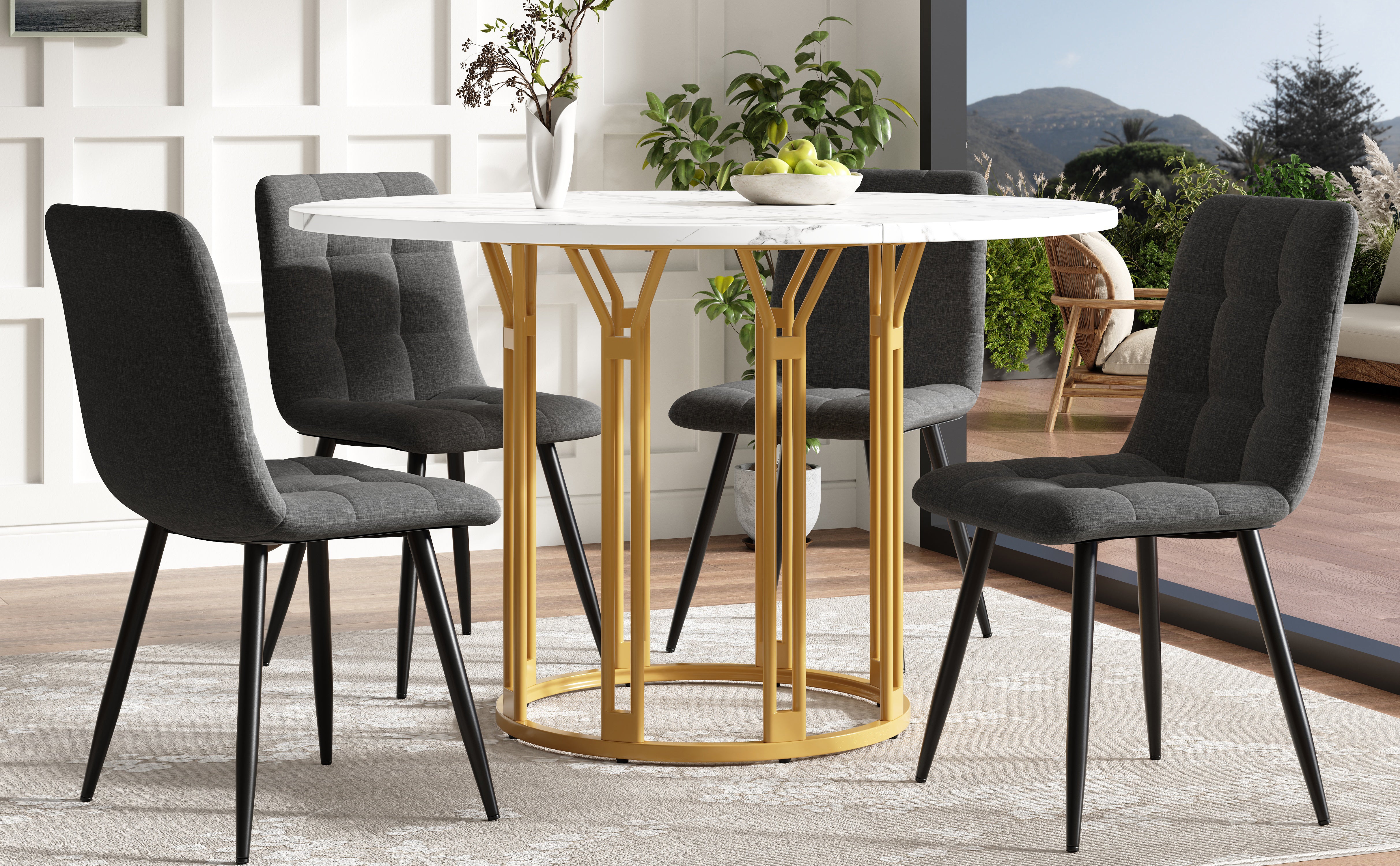 Round Dining Table Kitchen Breakfast Table Metal Legs Marble Pattern Gold/Black