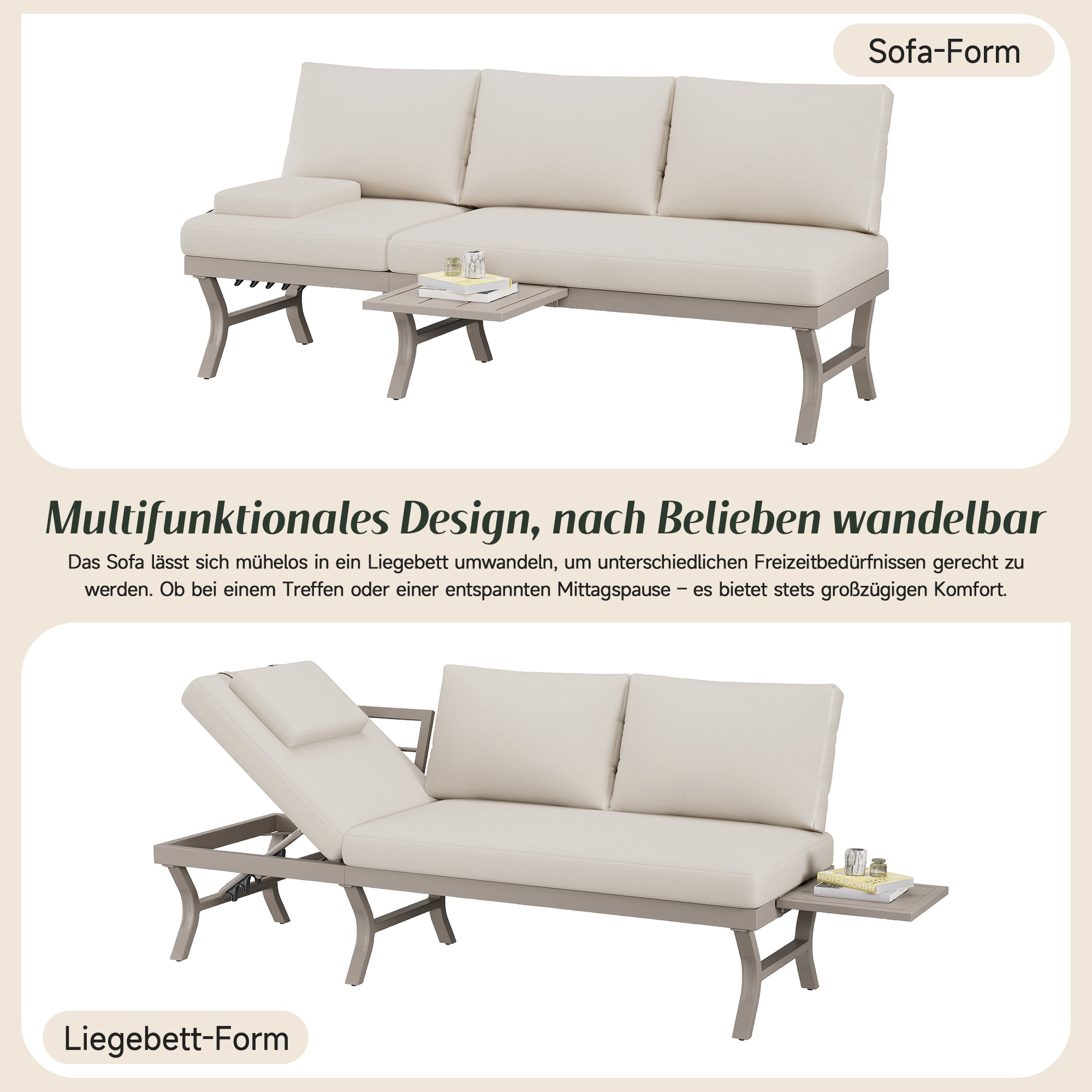 3-Seater Outdoor Sofa Garden Furniture Set with Adjustable Reclining Function and Table, Galvanized Steel, Beige