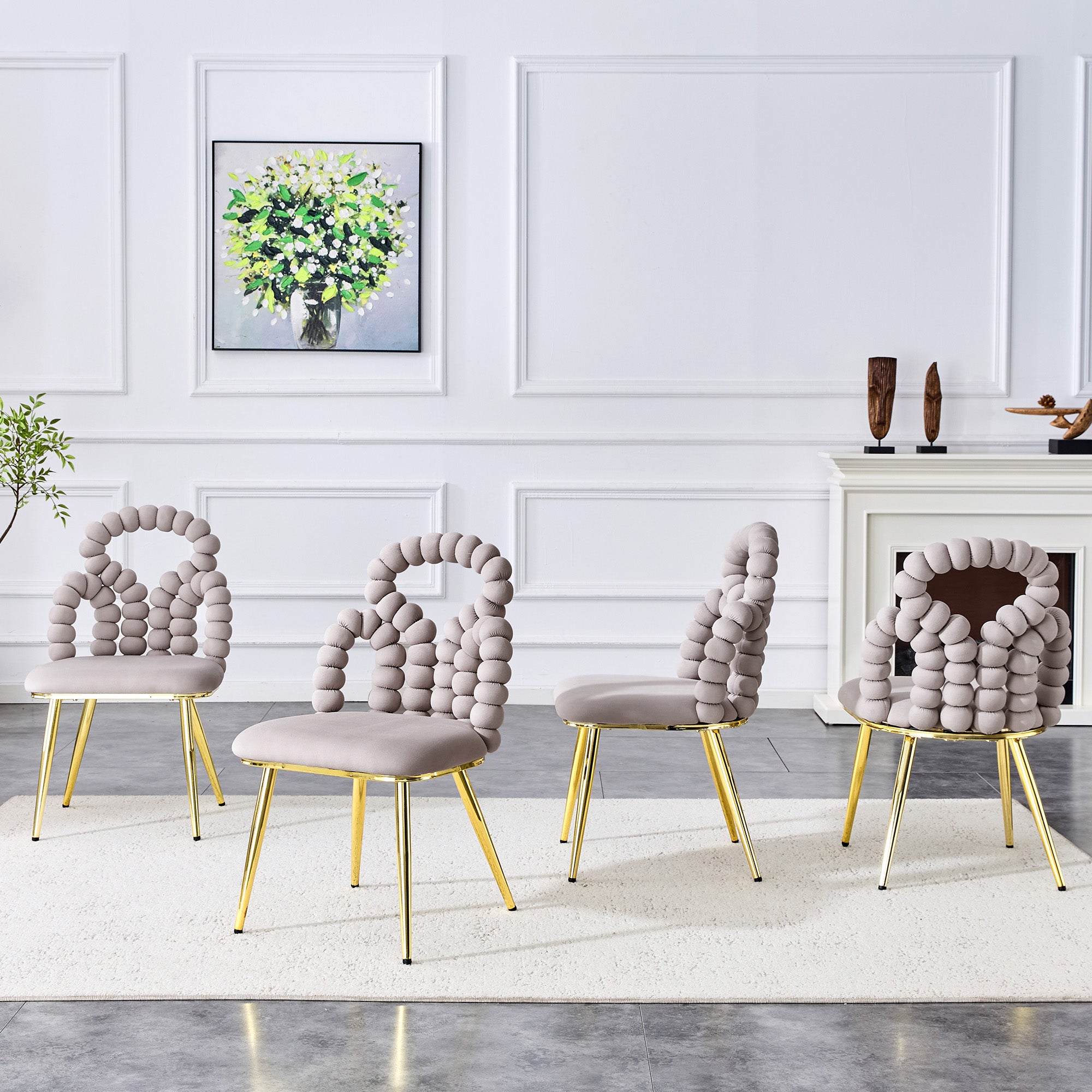 Dining Chairs, Set of 2 Ball Chain Backrests Sturdy Gold-Plated Metal Legs, Light Grey Velvet