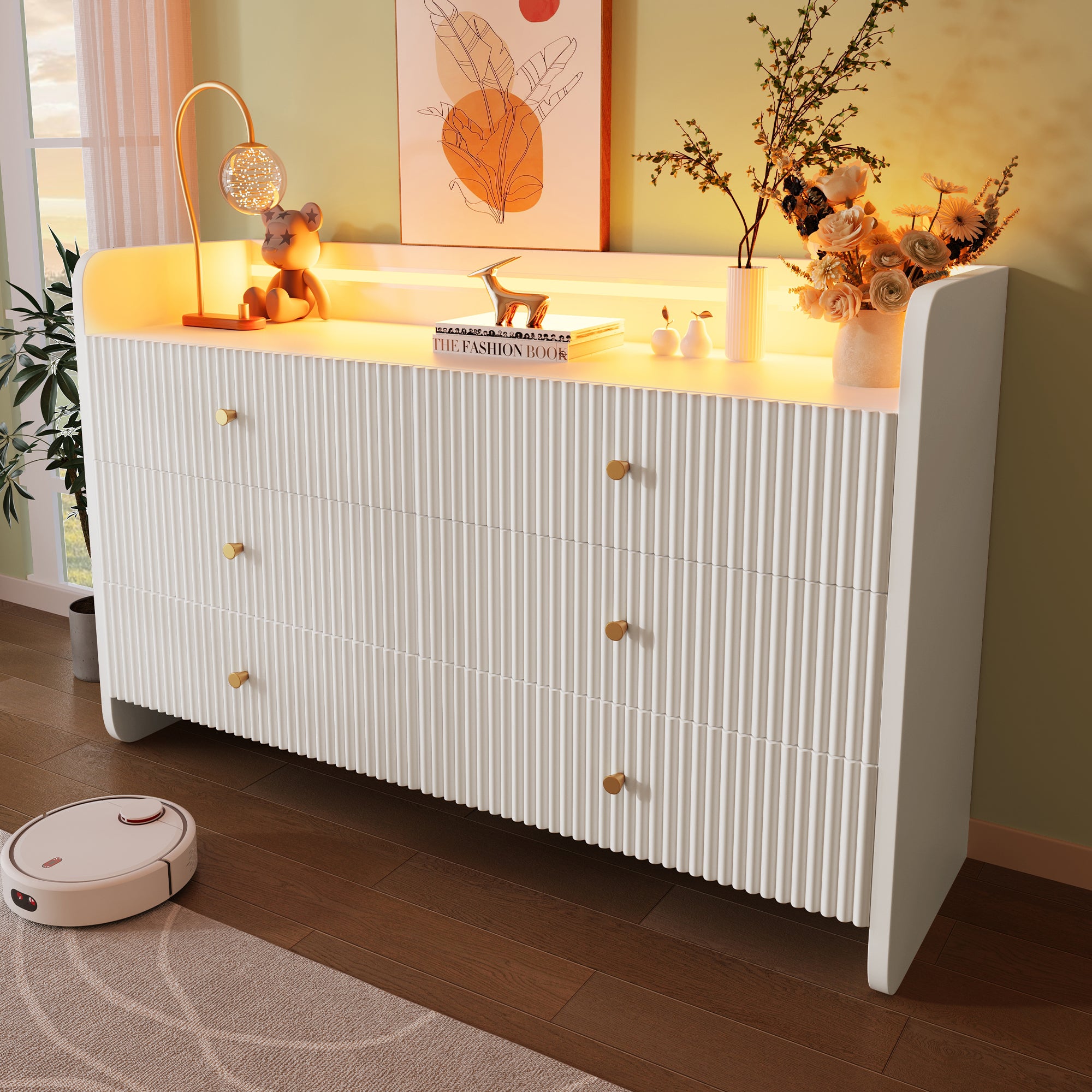 Fluted 6-Drawer Sideboard with RGB LED Lighting & Shelves, White