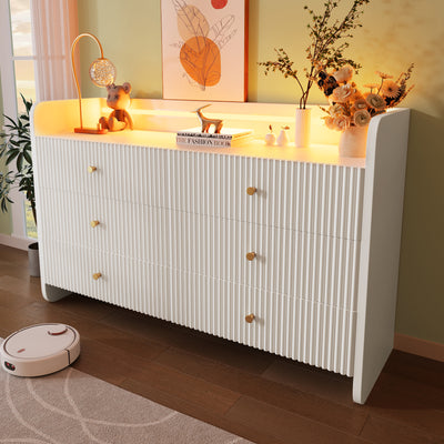 Fluted 6-Drawer Sideboard with RGB LED Lighting & Shelves, White
