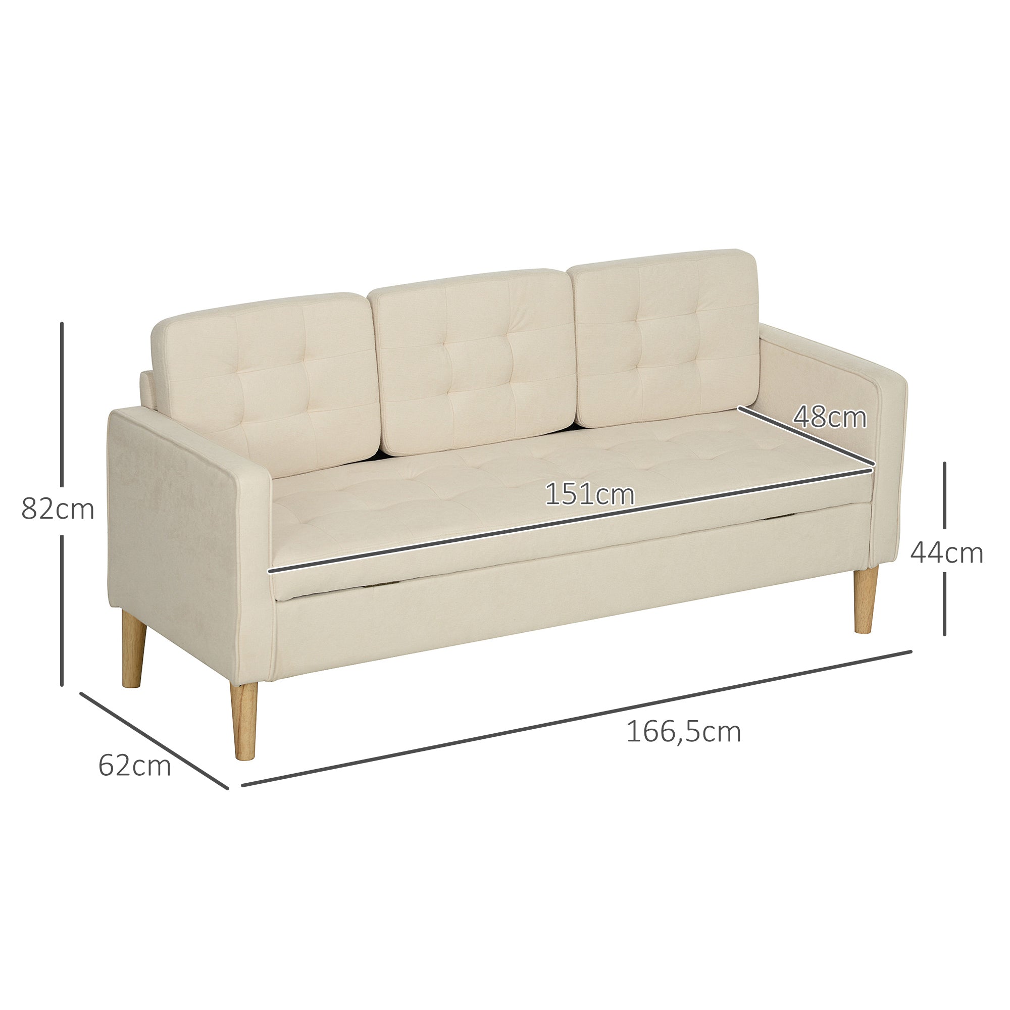 3-seater Sofa, Storage, Wooden Legs, Velvet, Cream White