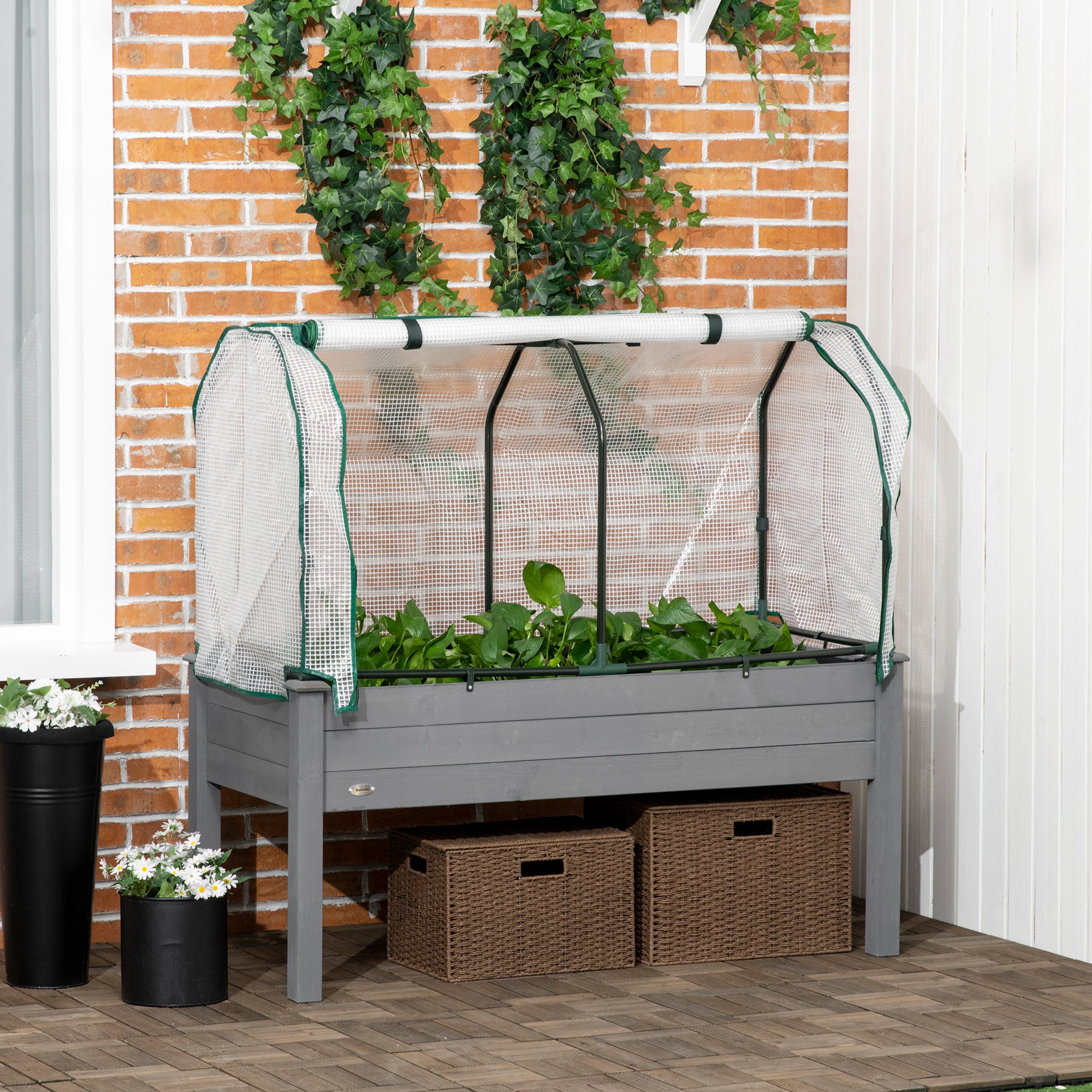Raised Garden Bed Elevated Planter Box with PE Cover, Dark Grey