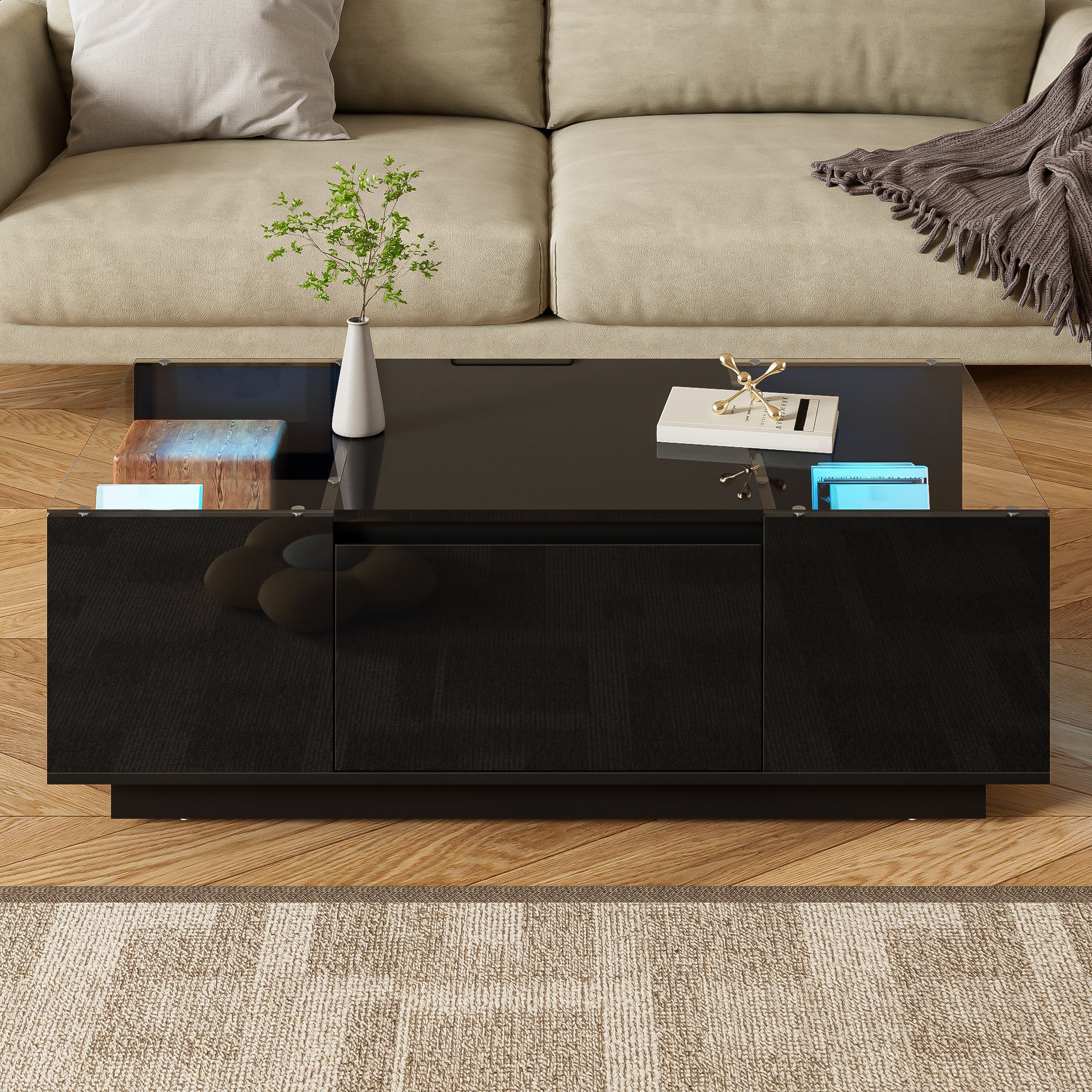 Coffee Table Modern Minimalist 105cm, Storage, LED Lighting, Glass Top, 2 Drawers