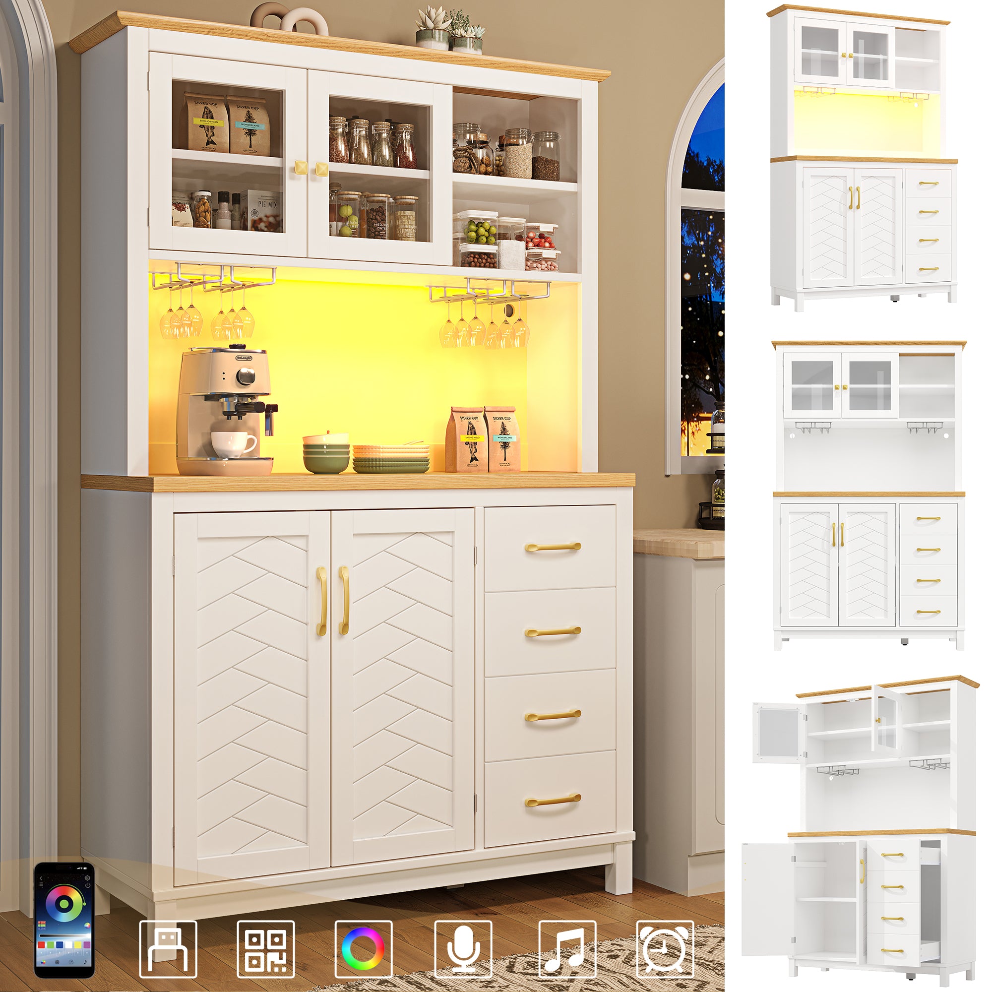 Sideboard Kitchen Cabinet with LED Light Strip and Drink Holders, Green/Black/White