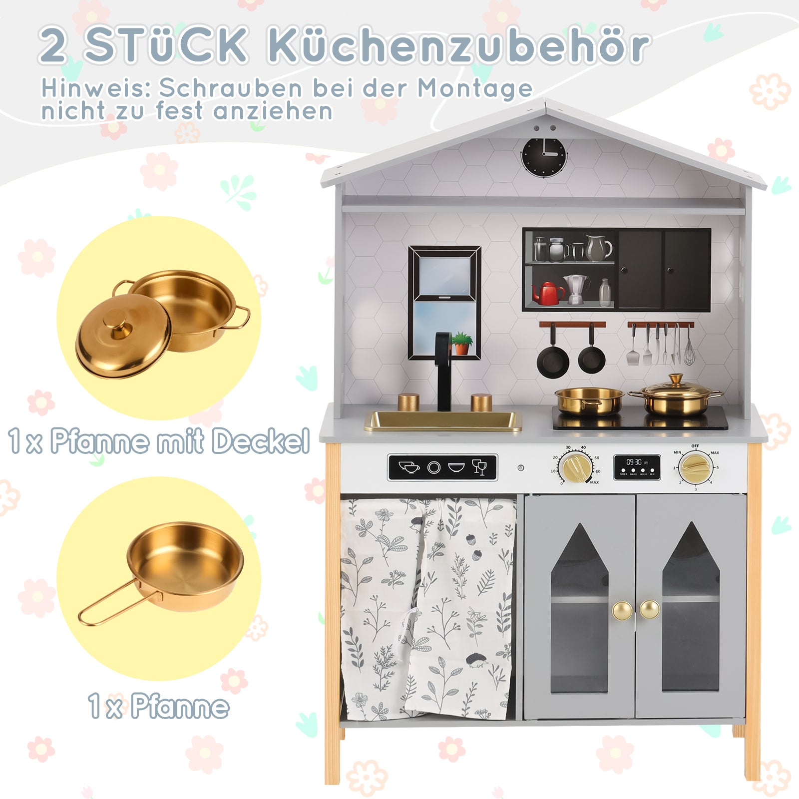 Children's Play Kitchen with Creative House Design and Accessories, Wood and Plastic, Grey