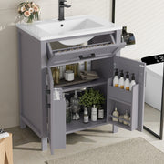 Bathroom Vanity Unit with Integrated Ceramic Sink and Storage Shelves, Grey