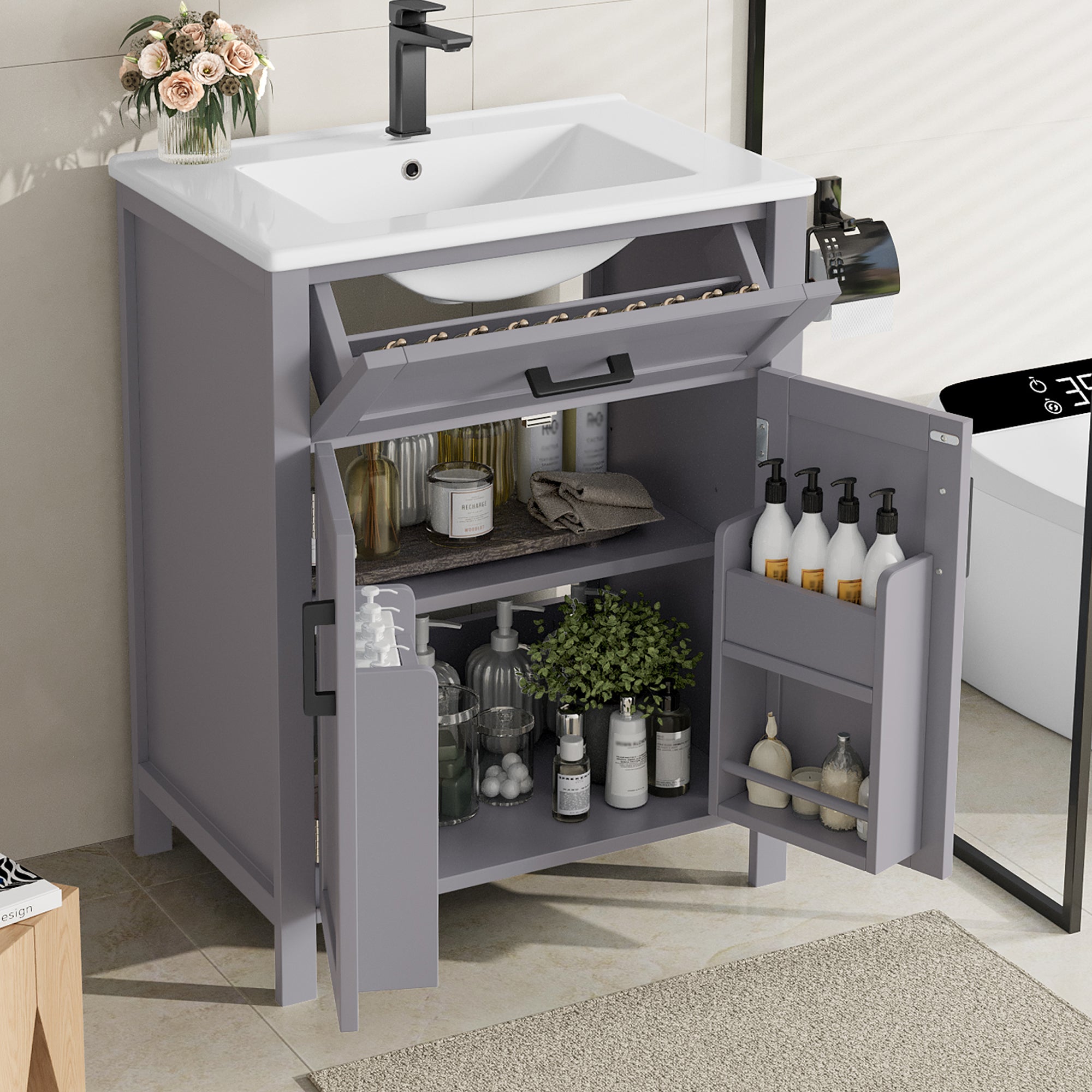 Bathroom Vanity Unit with Integrated Ceramic Sink and Storage Shelves, Grey