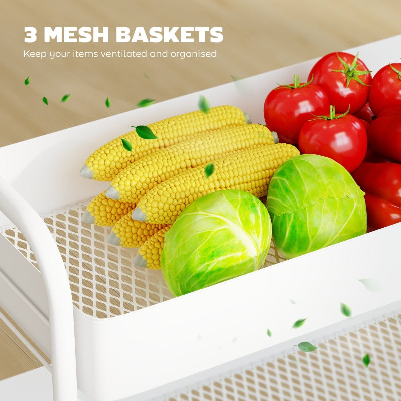 3-Tier Storage Trolley Utility Cart Mesh Baskets White Metal