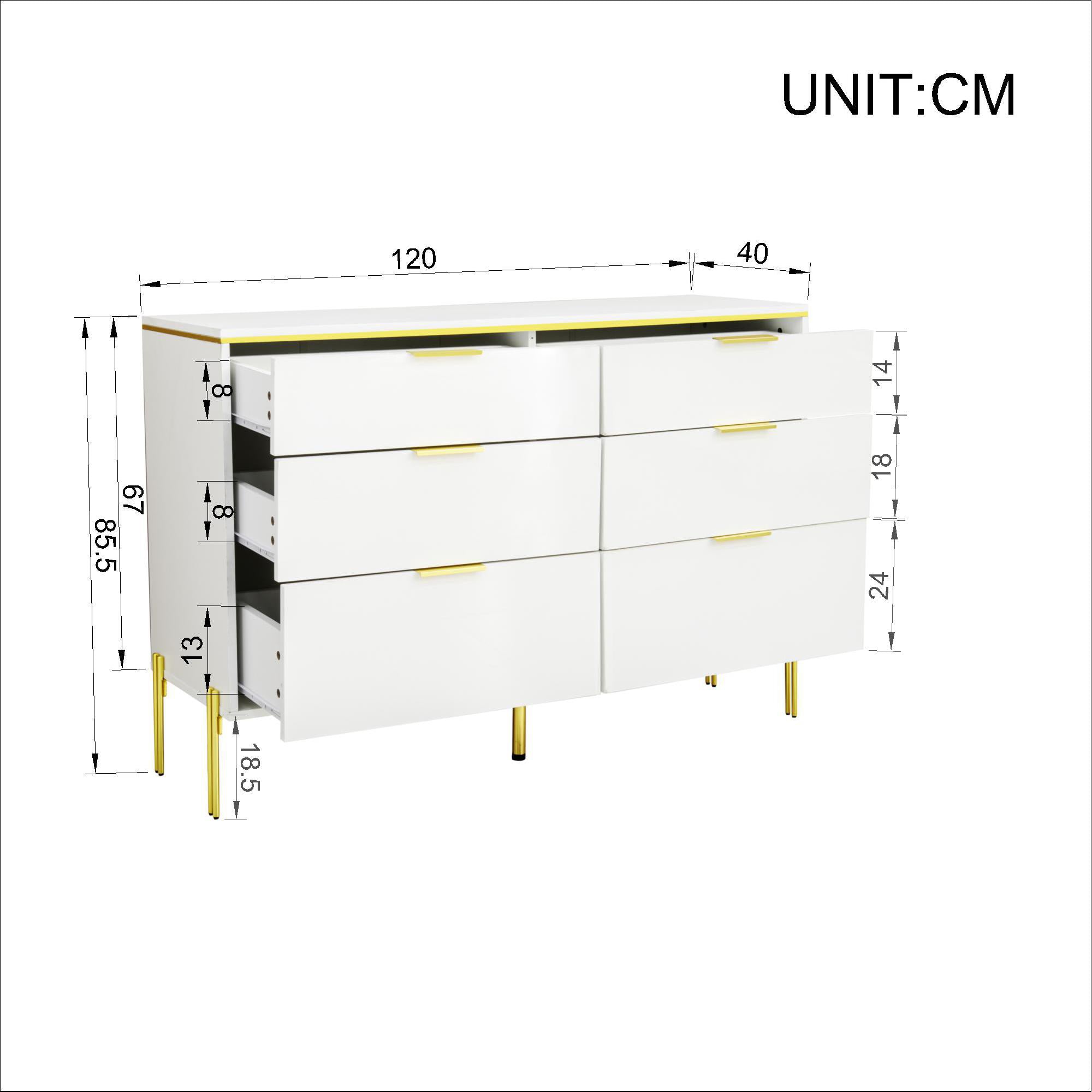 Modern Sideboard Cabinet 6 Drawers Large Storage High-Gloss White and Gold