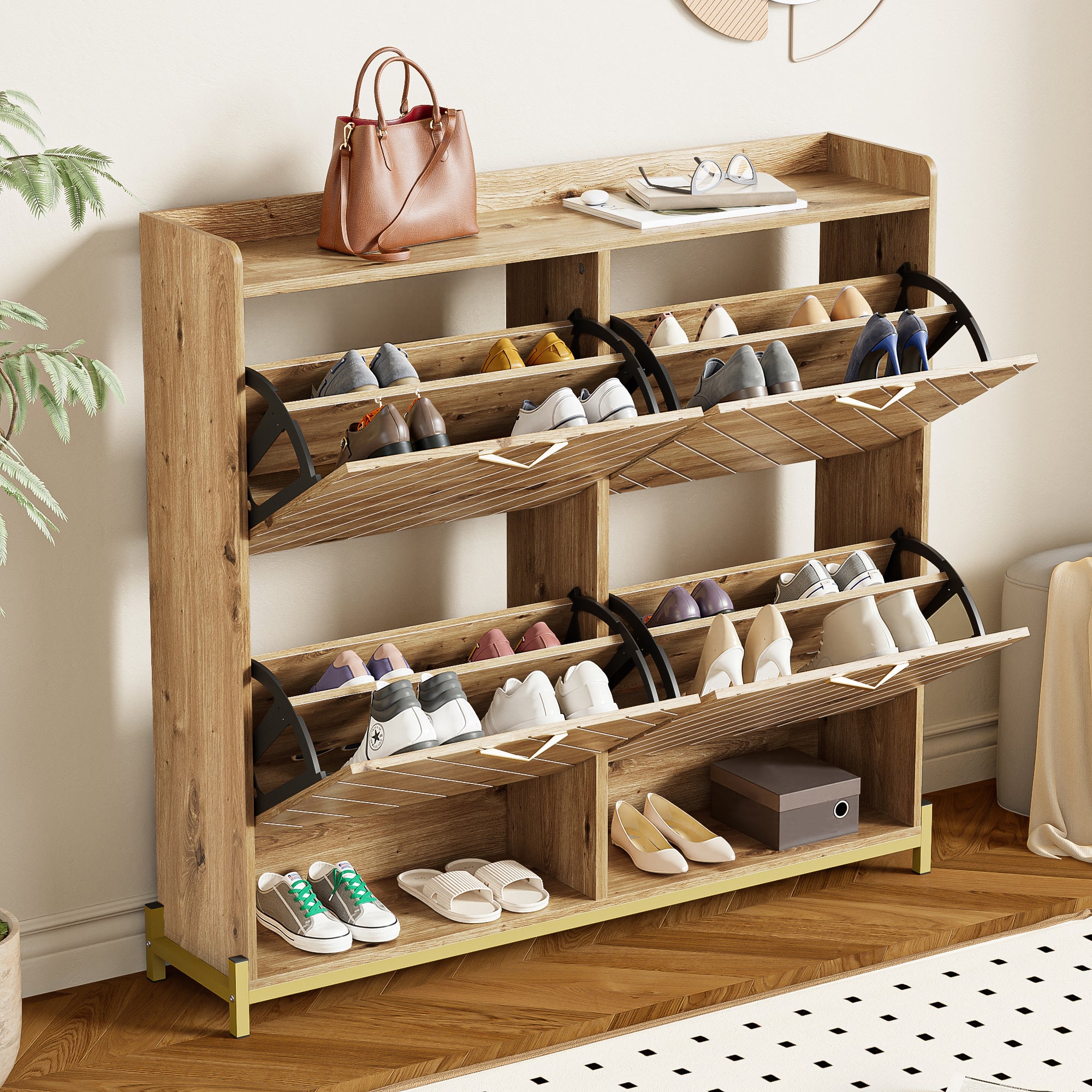 Modern Shoe Rack 4-Door Space-Saving Cabinet Wood Look