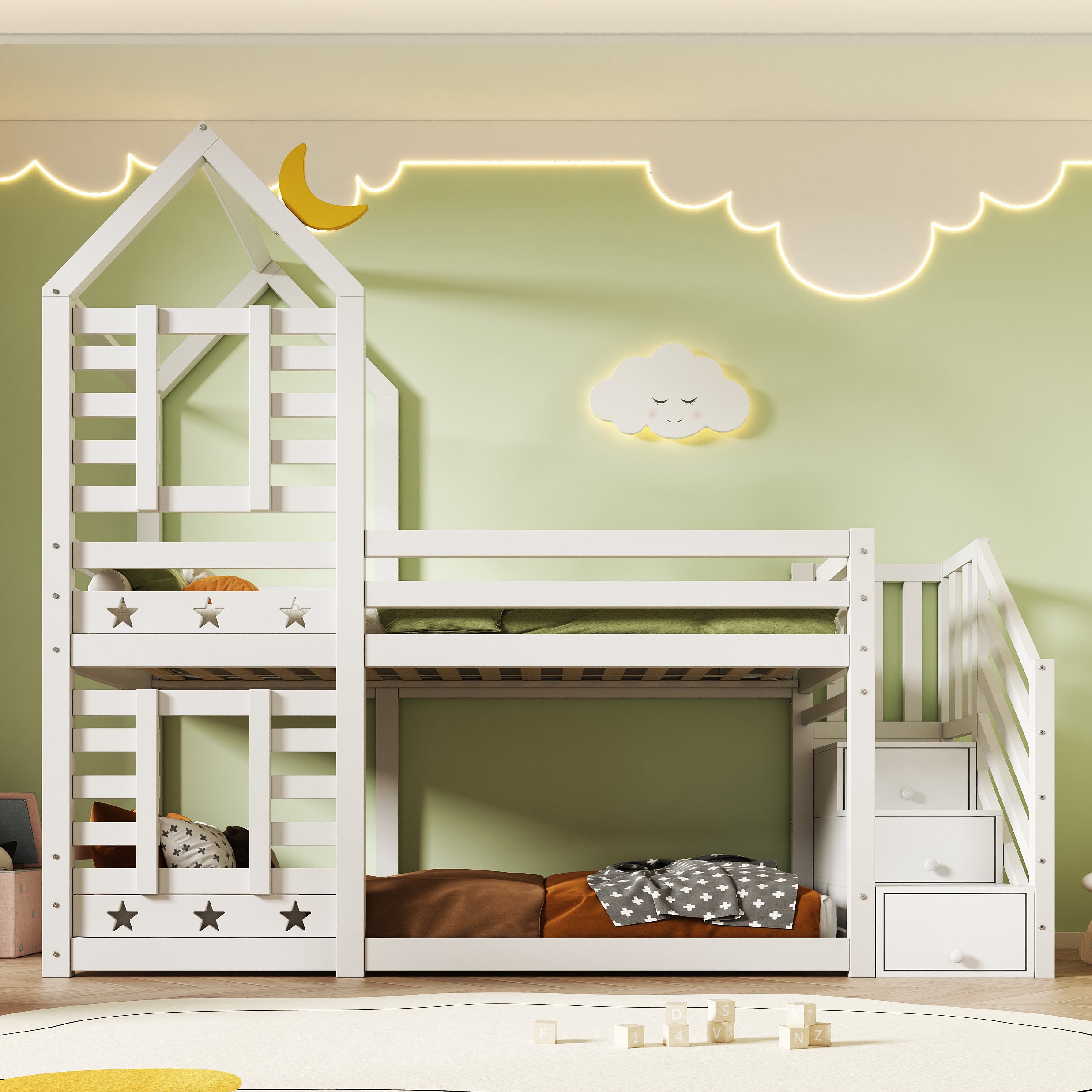 Children's Bed, Tree House Bunk Bed with Drawers & Fall Protection, White