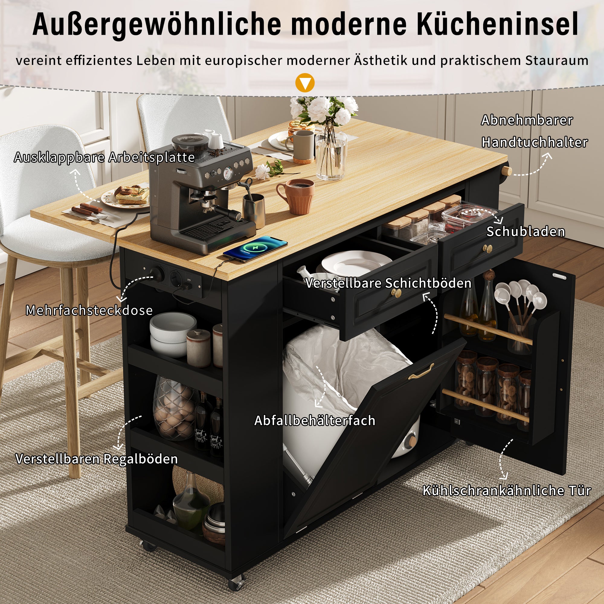 Kitchen Island Mobile Serving Cart Extendable Table Wheels Waste Bin Power Strips Black