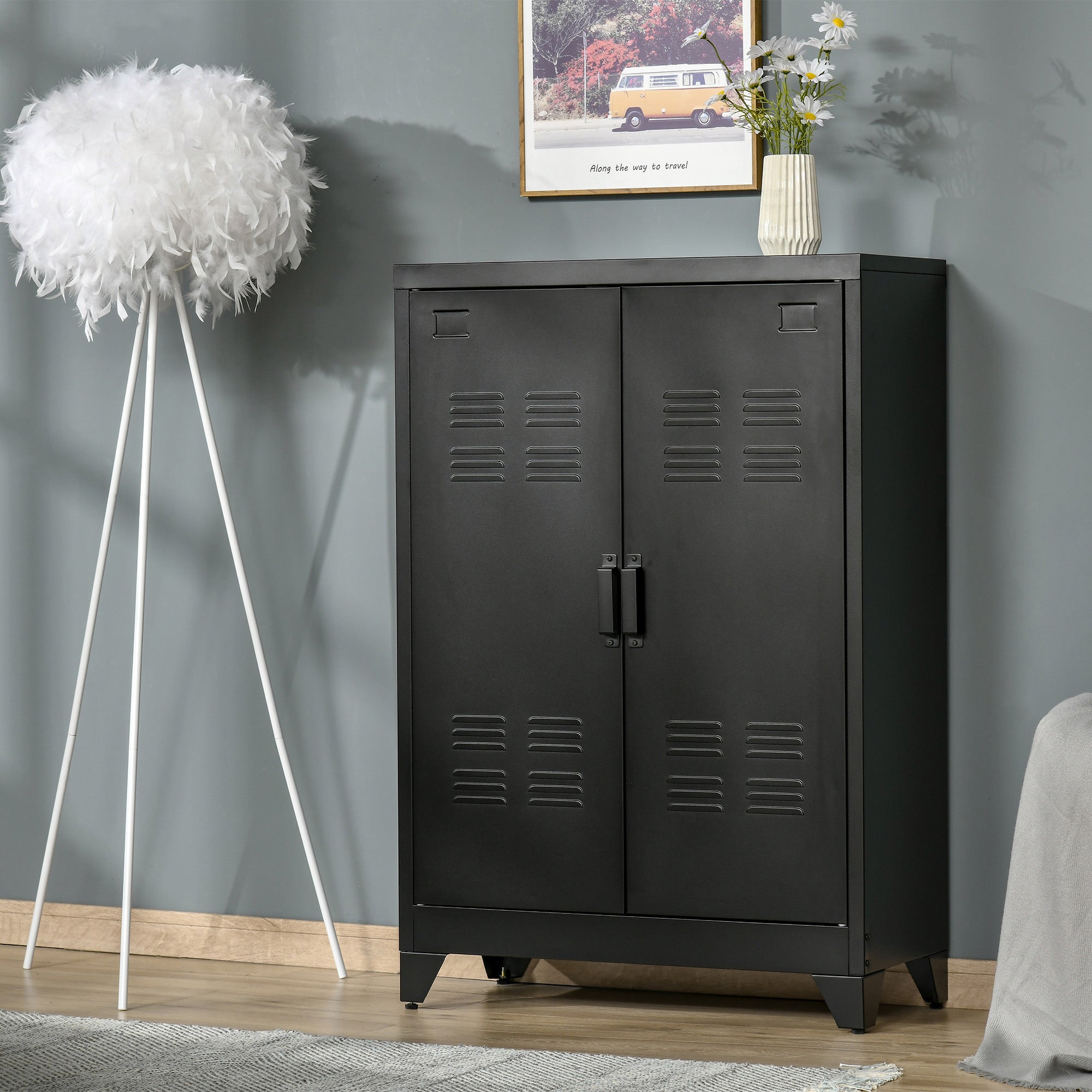 Filing Cabinet Sideboard, Louvre Doors, Storage Cabinet, Black