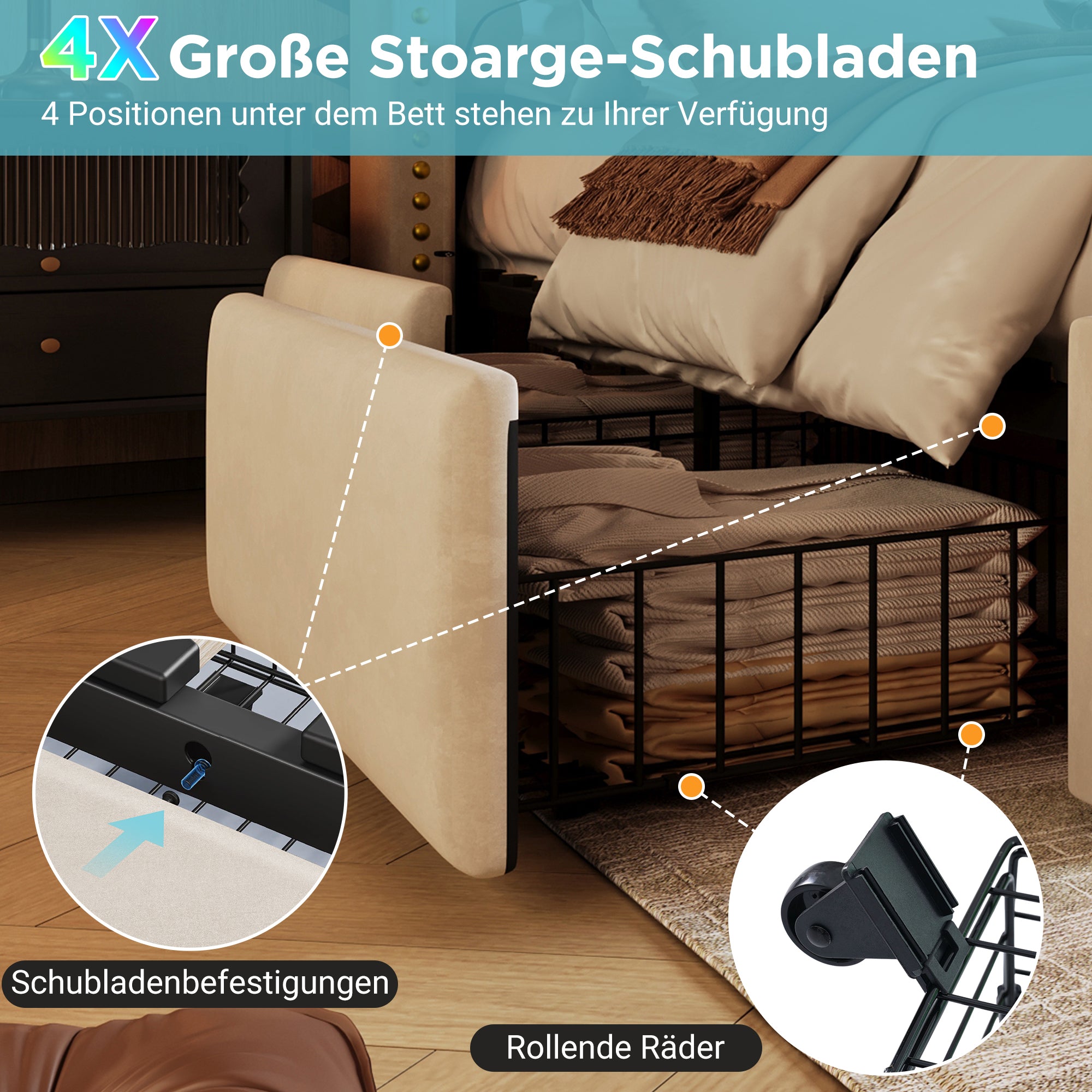 Upholstered Bed 140x200, Double with 4 Drawers, LED, USB-C, Velvet Beige