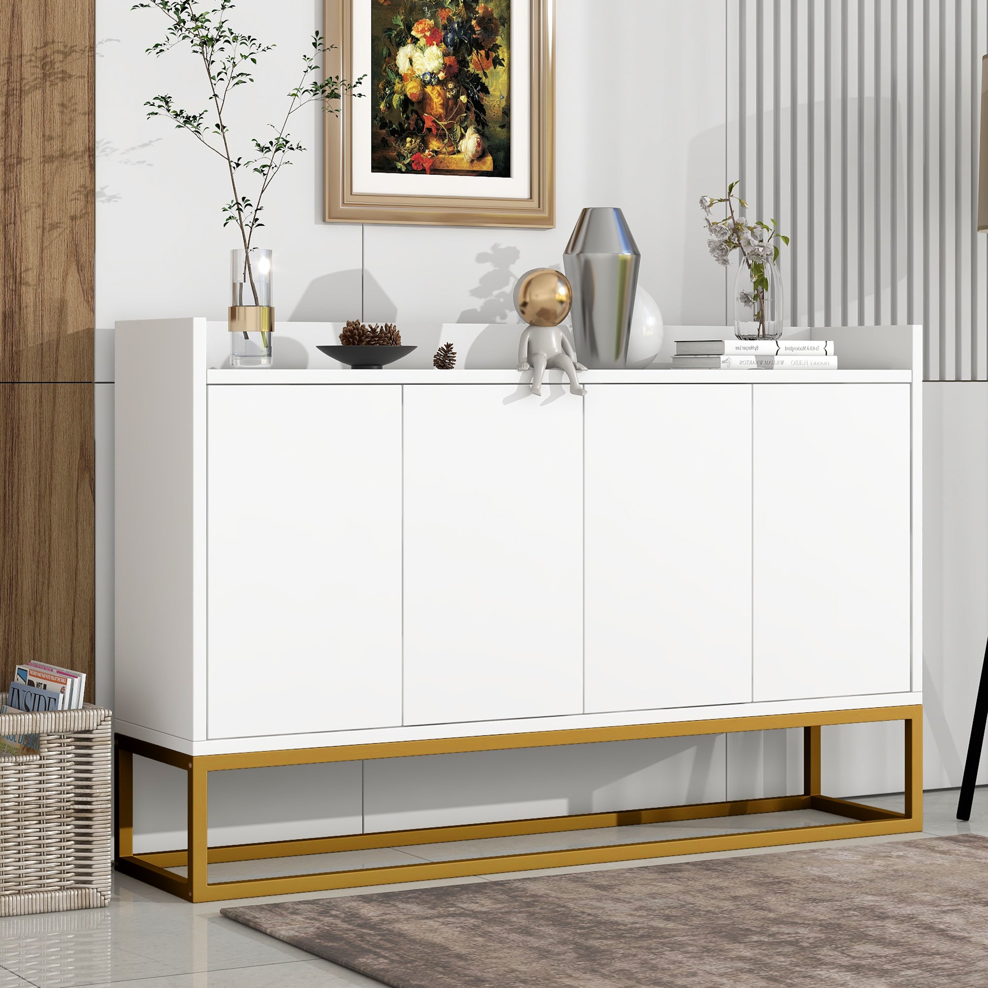 Sideboard, Minimalist 4-Door Handleless Buffet Cabinet, White
