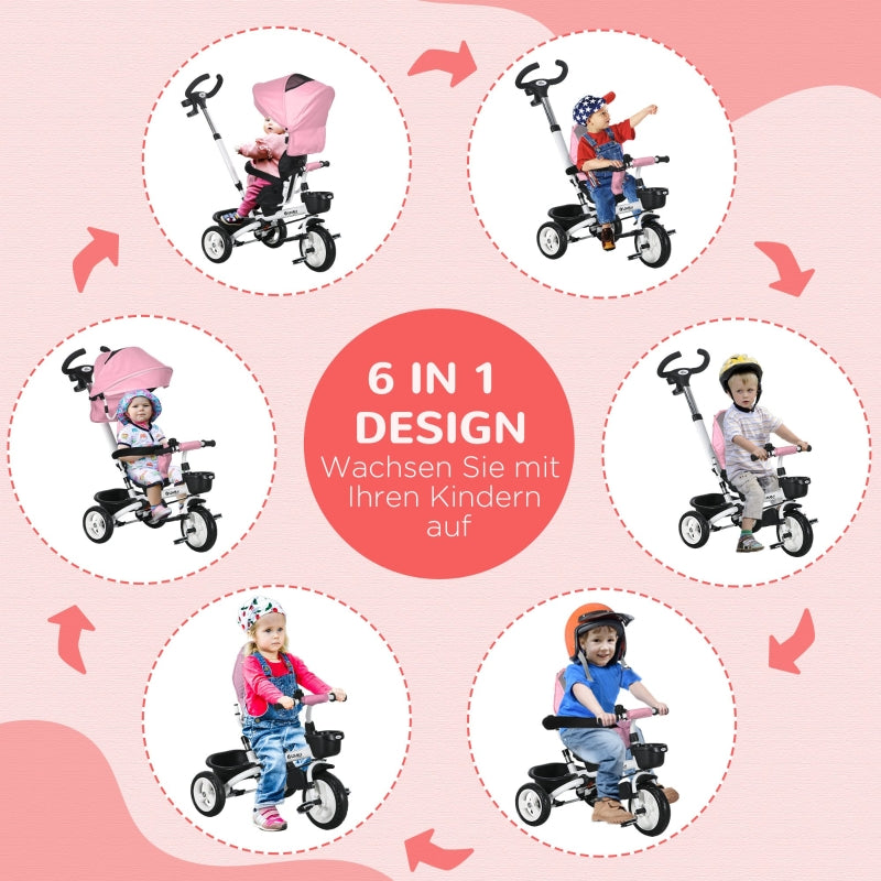 6-in-1 Children's Tricycle with Push Bar, Canopy and Storage Basket, Pink