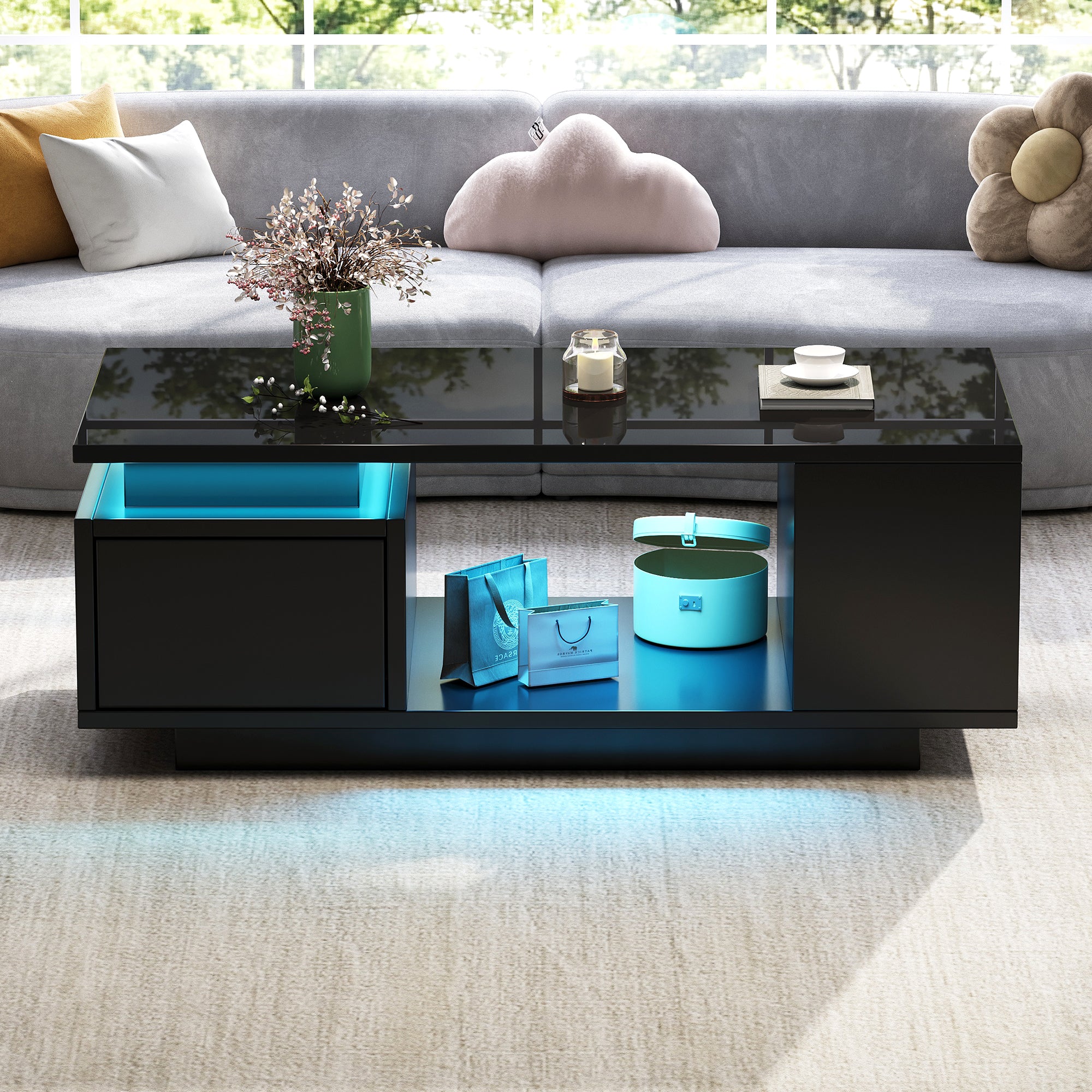 Coffee Table 100x50x36cm High-Gloss LED with Drawer Side Storage Black