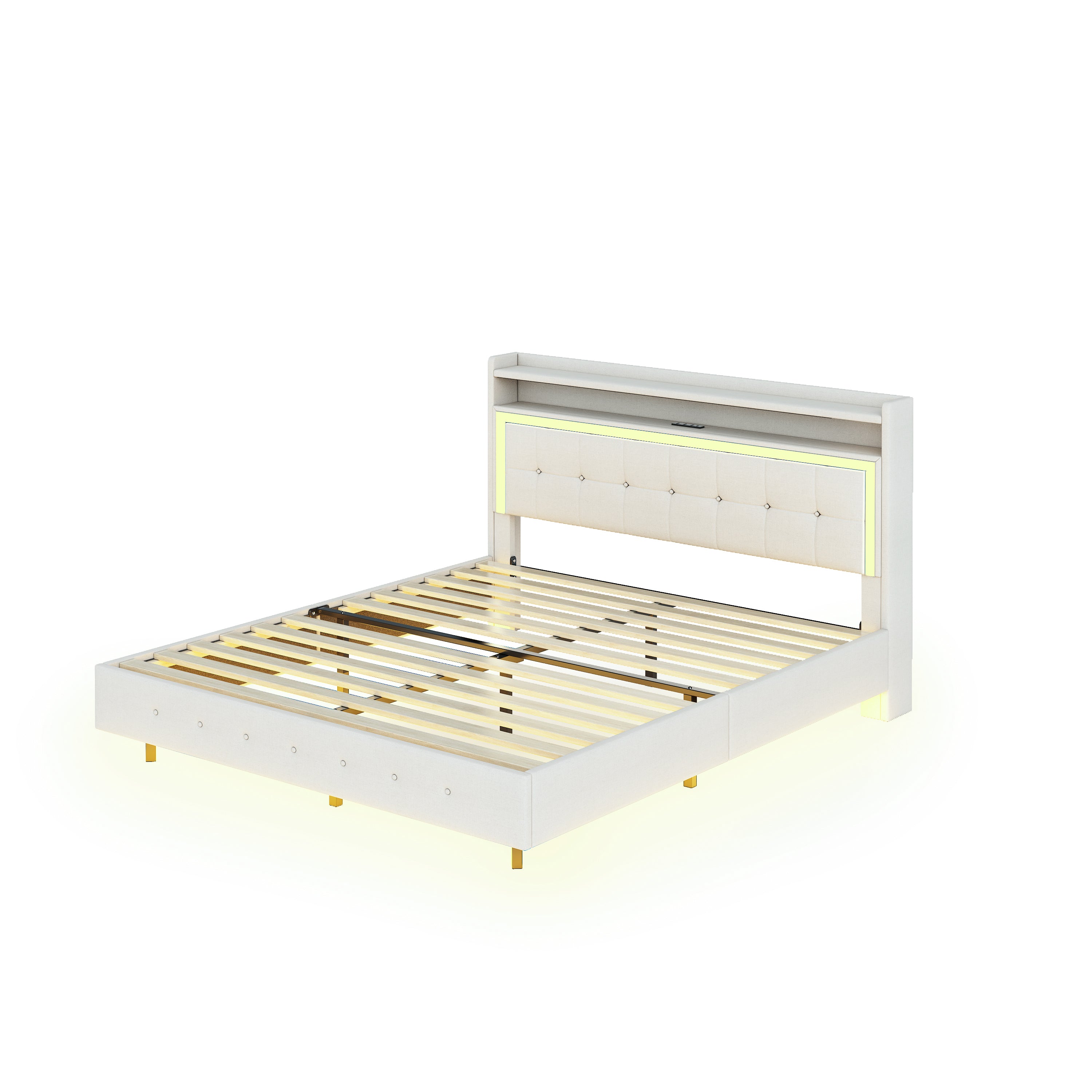 Upholstered Bed 140*200 with USB & LED Light, Linen Beige