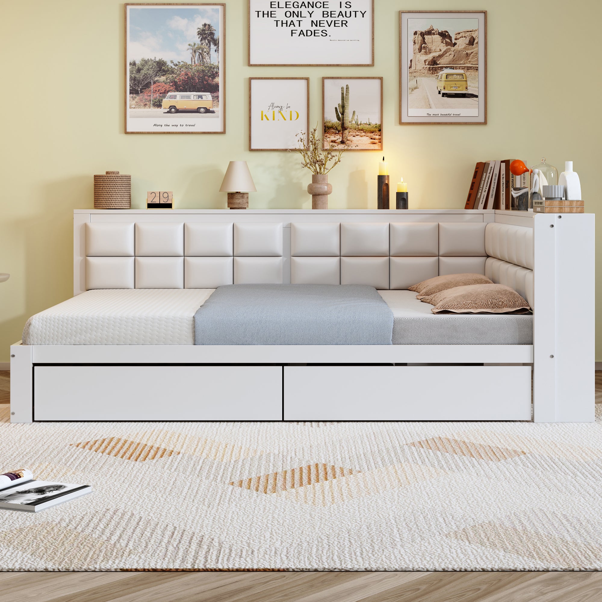 Sofa Bed, Multifunctional with Storage Drawer & Soft Backrest, Pine Wood White