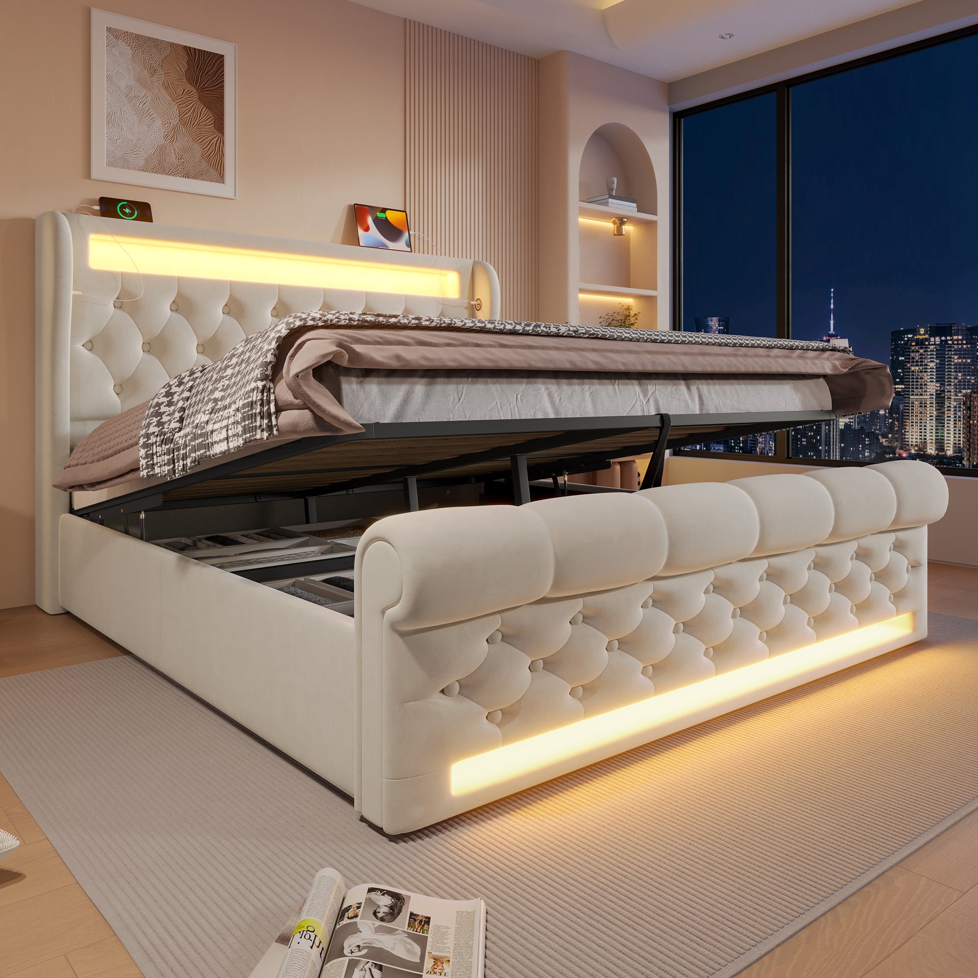 Upholstered Double Bed 140x200cm, LED Lights, Storage Headboard with USB & Type-C, Hydraulic Storage, Beige Velvet