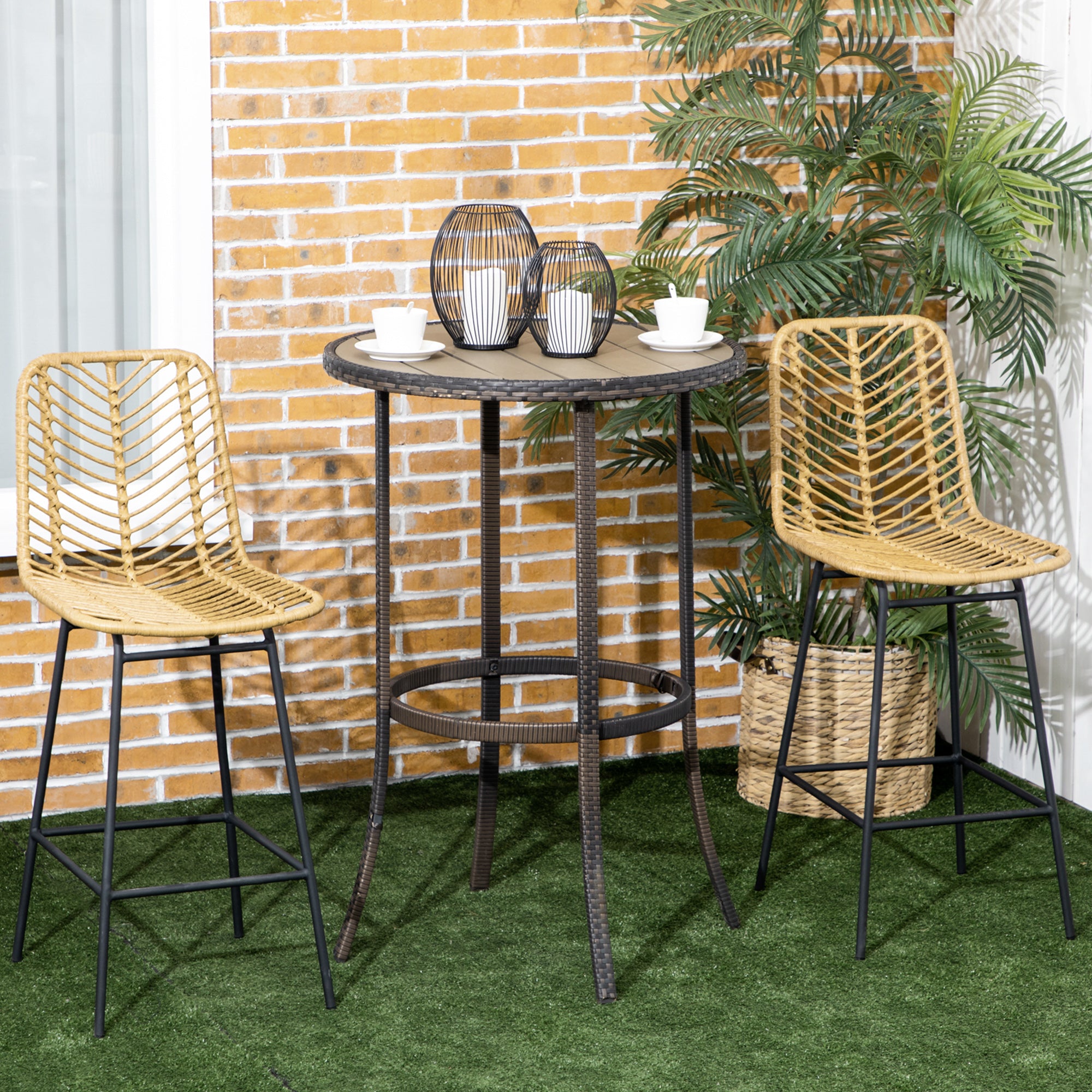 Bar Stools, Set of 2 with Backrest, Boho Design, PE Rattan, Yellow + Black