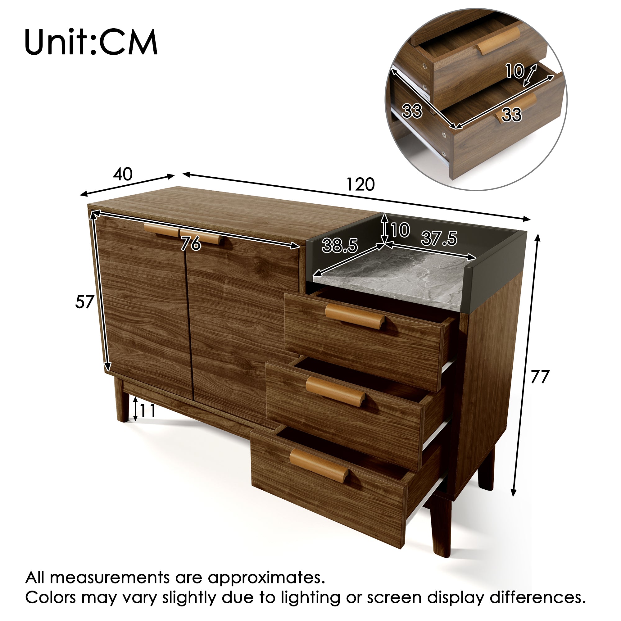 Chest of Drawers, Open Shelf, 3 Drawers & Double-Door Cabinet, Oak with Marble-Effect