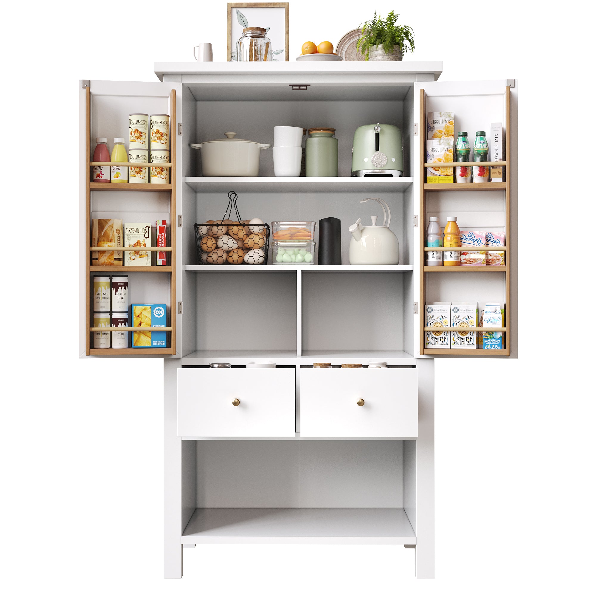 Tall Kitchen Cabinet Buffet 80x140cm Multi-Purpose Storage with 2 Doors & 5 Drawers Black/White