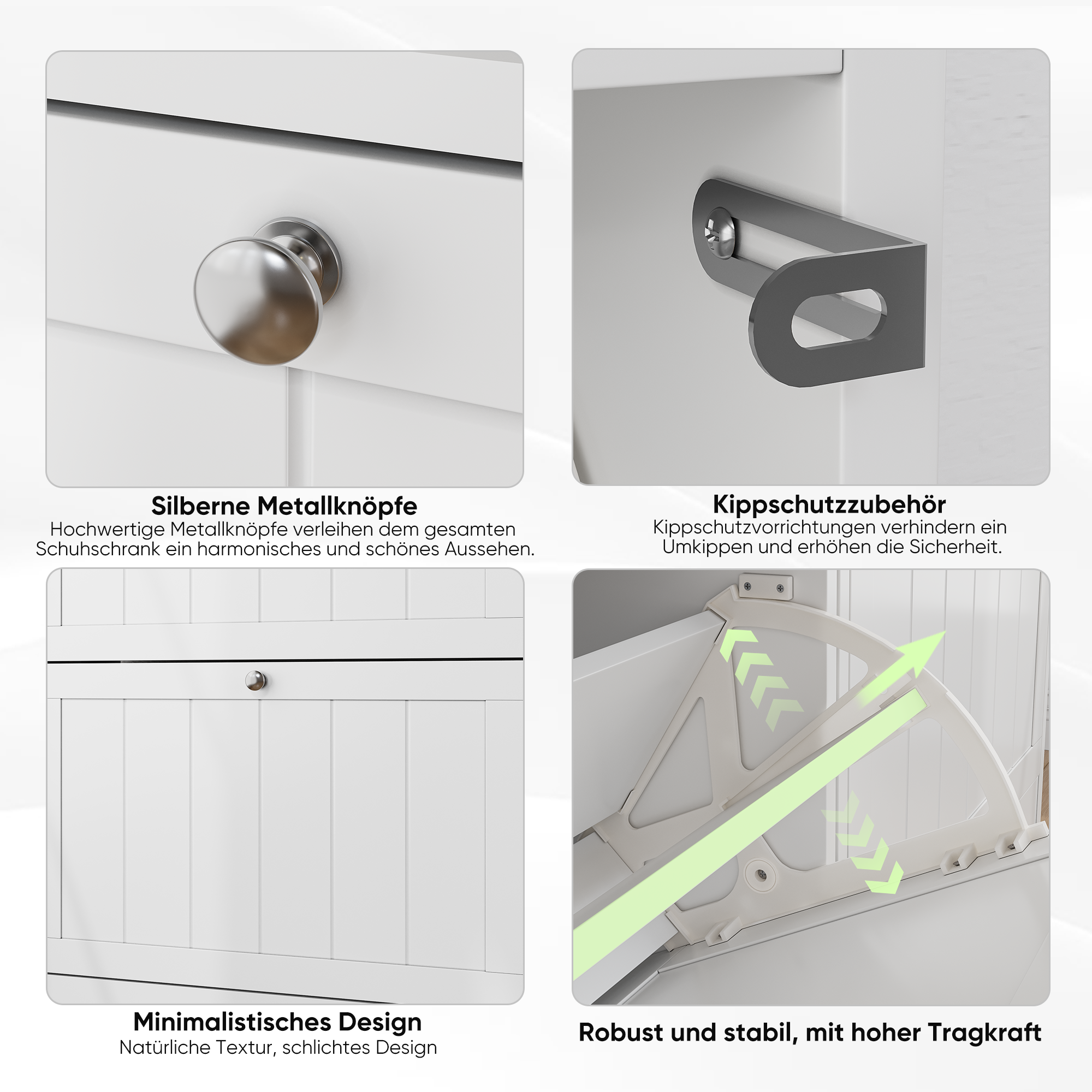 Shoe Cabinet, Freestanding Hidden 2 Drop-Down Drawers Mid-Century Modern White