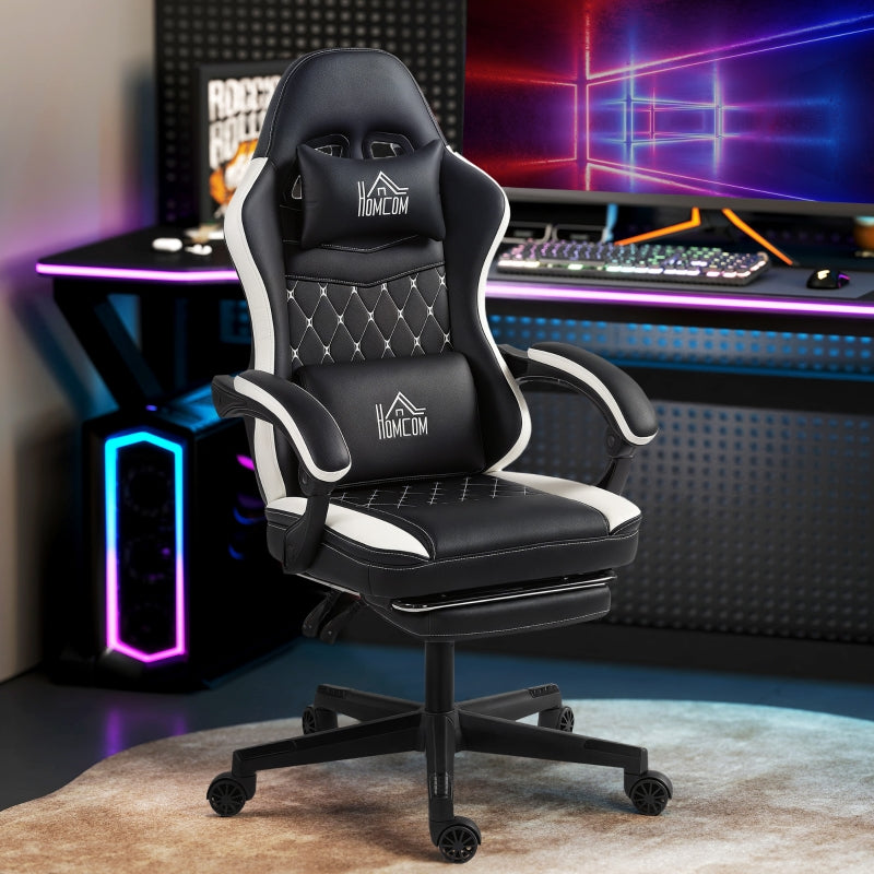 Gaming Chair with Footrest, Headrest, Swivel, Height Adjustable, Faux Leather Black + White