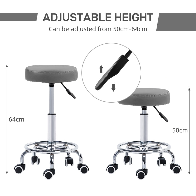 PU Leather Rolling Stool, Height Adjustable with Wheels, Grey