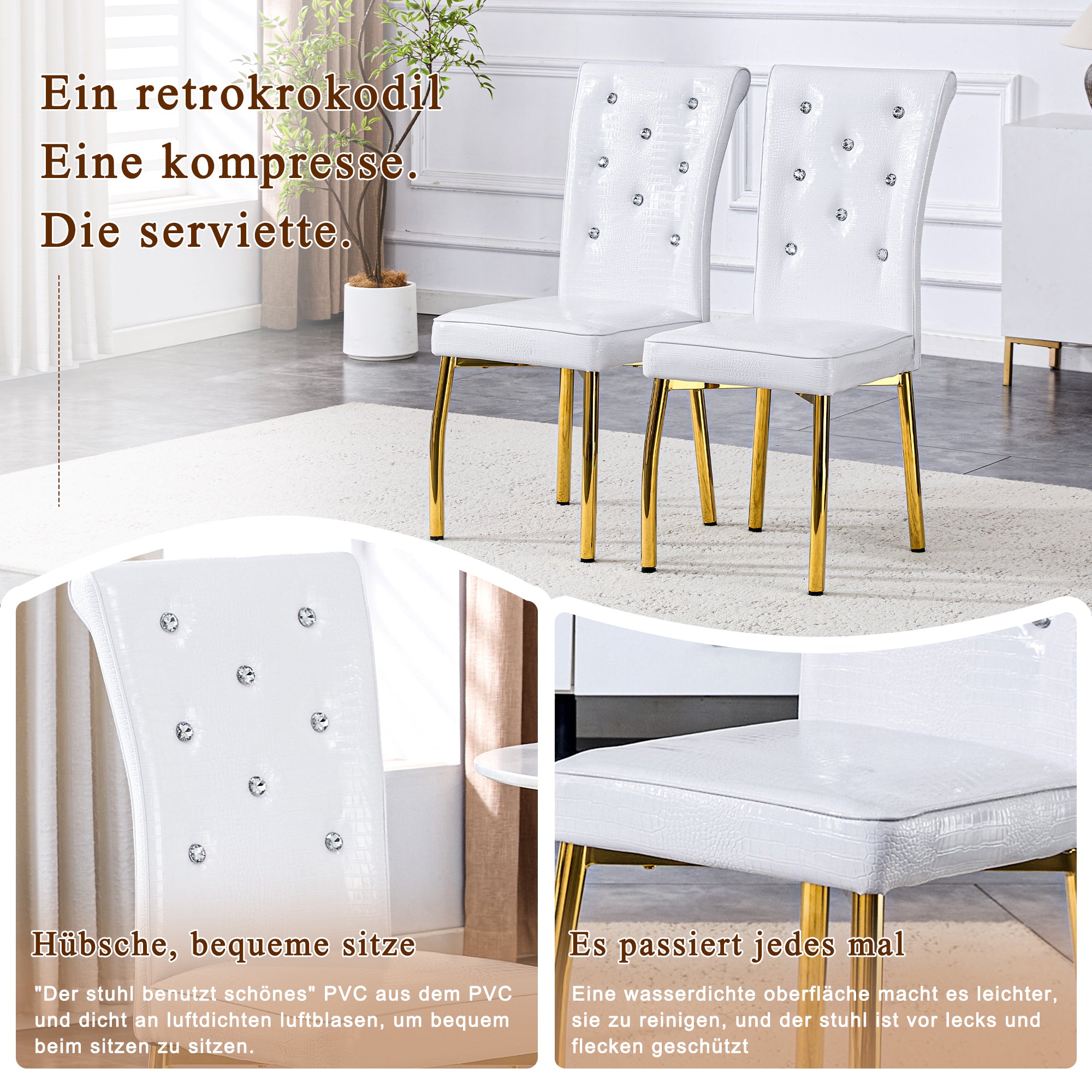 Dining Chairs, Set of 2 Retro Upholstered with Crystal Buckles, Faux Alligator Leather