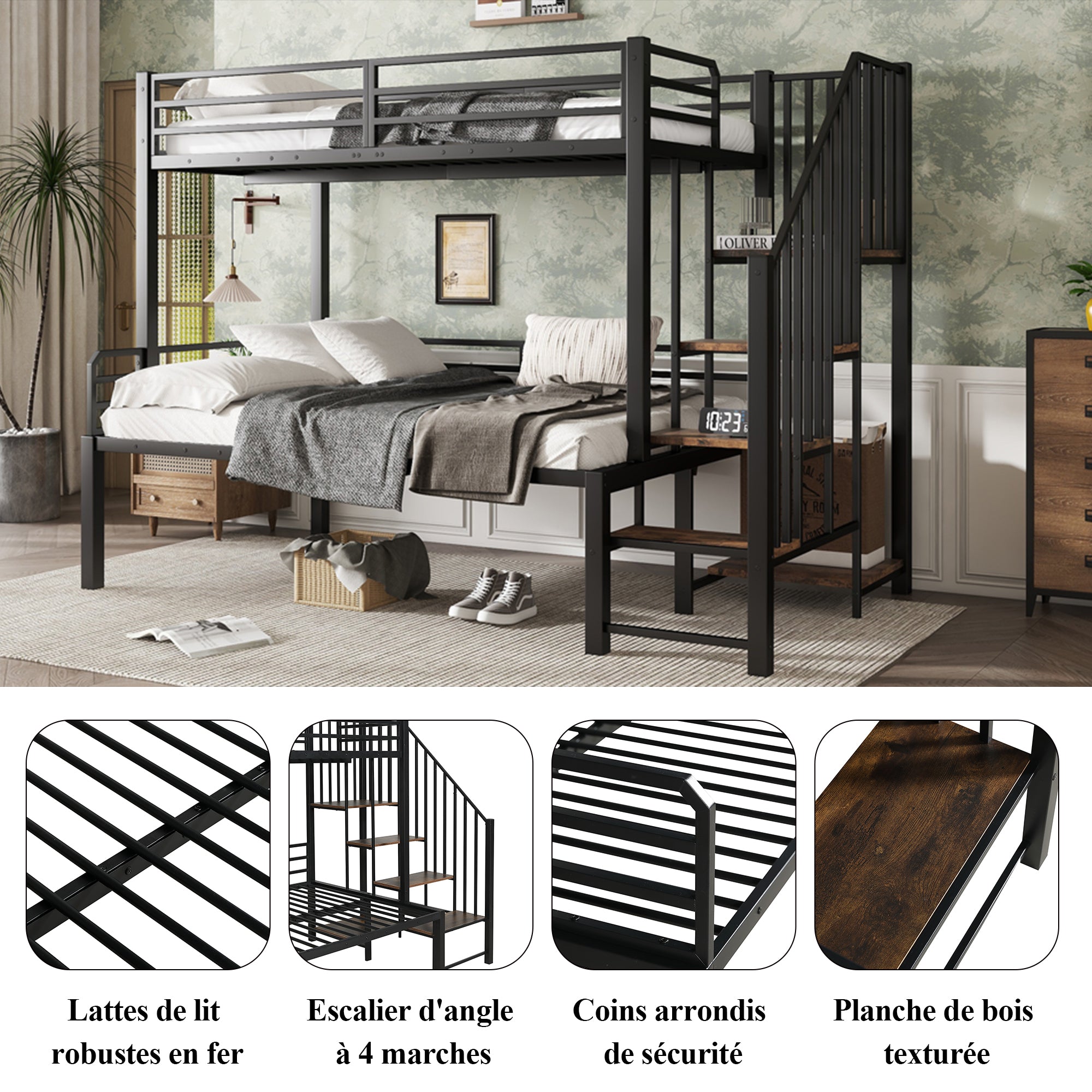 Iron Bunk Bed with Storage Ladder Wardrobe, 90x200cm & 120x200cm, Black+Vintage Wood Iron+MDF