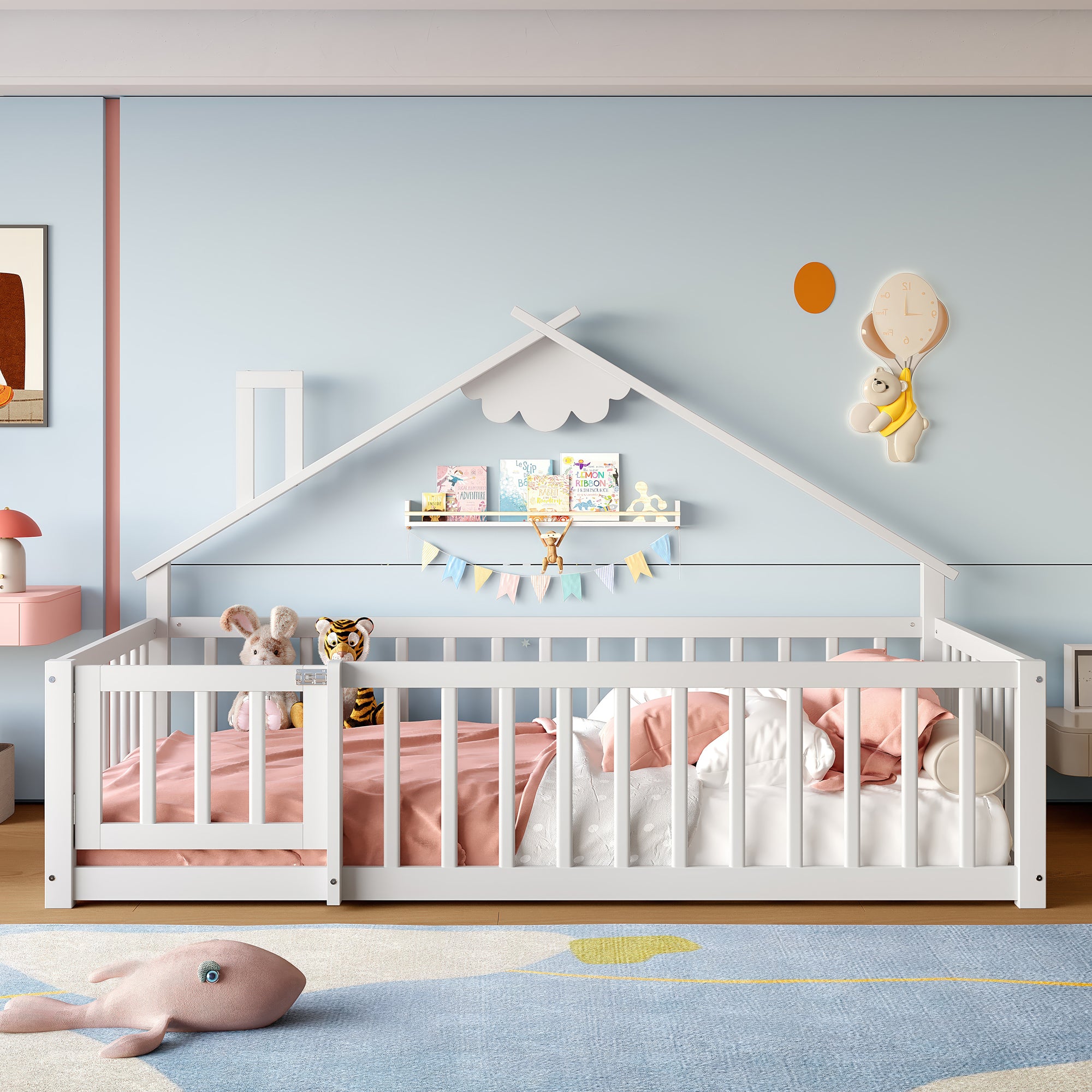 Flatbed 90x190cm House Rail Lock - Pine Wood White