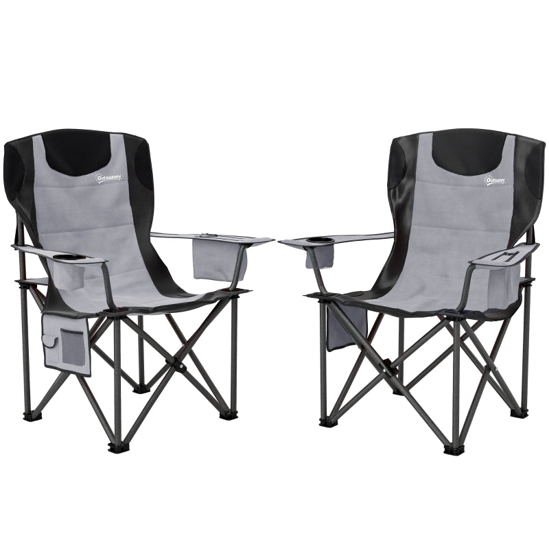 Set of 2 Folding Camping Chairs, Padded Adjustable Armrests Cooler Bag Cup Holder, Grey