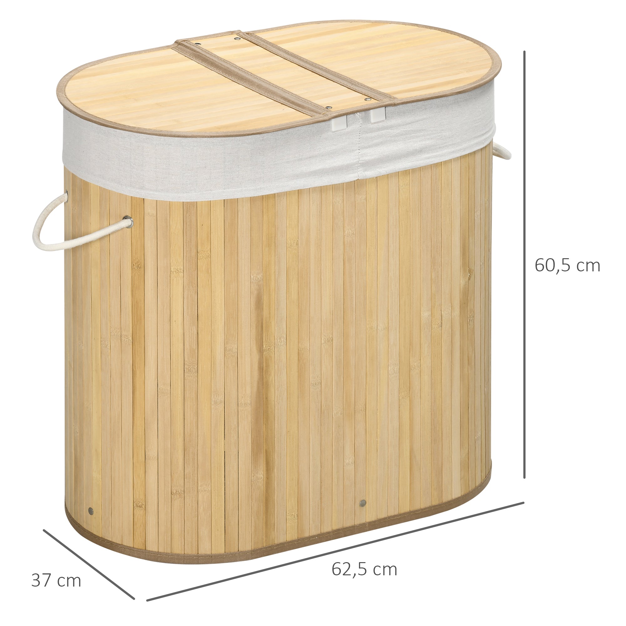 Laundry Basket Sorter 2-Section Removable Lid Natural Bamboo
