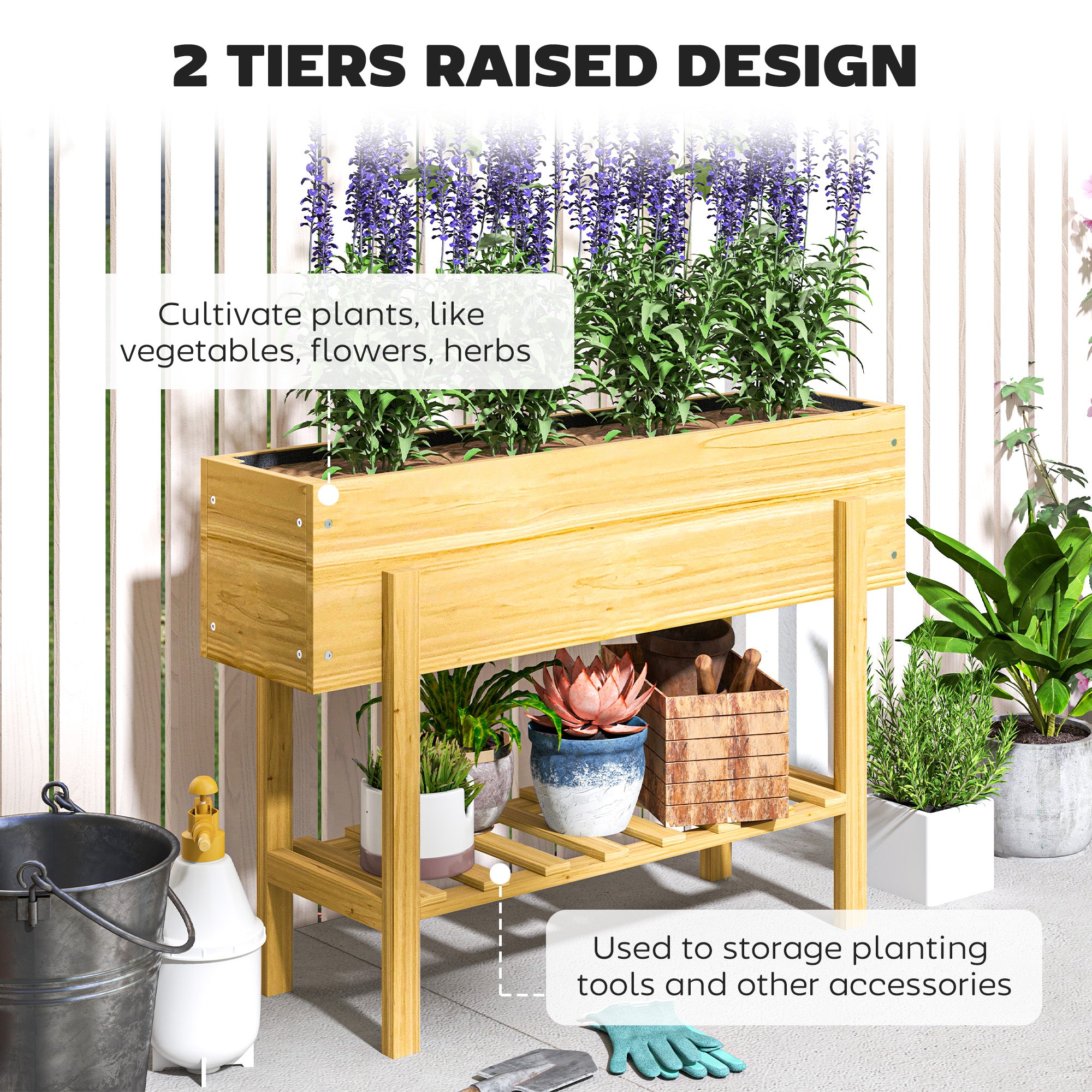 Wooden Raised Garden Bed Elevated Planter Box with Storage Shelf Natural Wood Finish