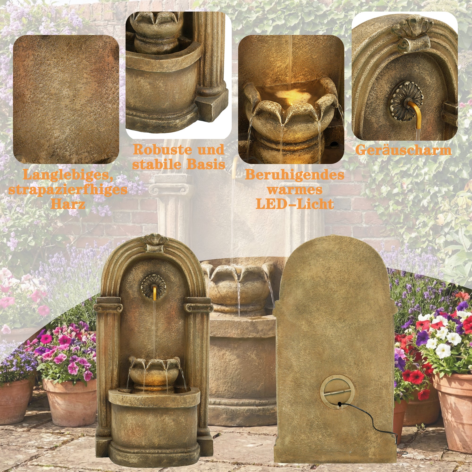Garden Fountain with 230V Waterfall and Arched Design, Antique Style Metal