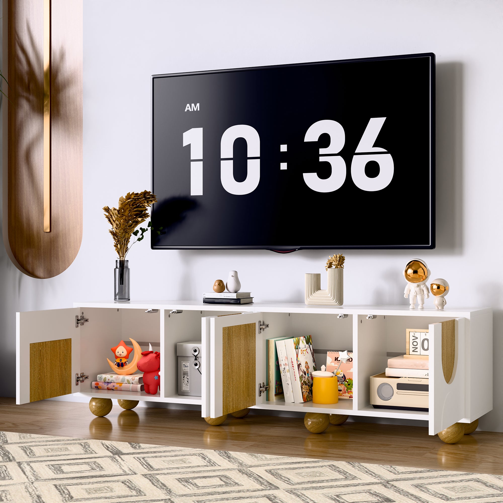 TV Cabinet with Four Doors, Low Stand, Vintage Wood Grain