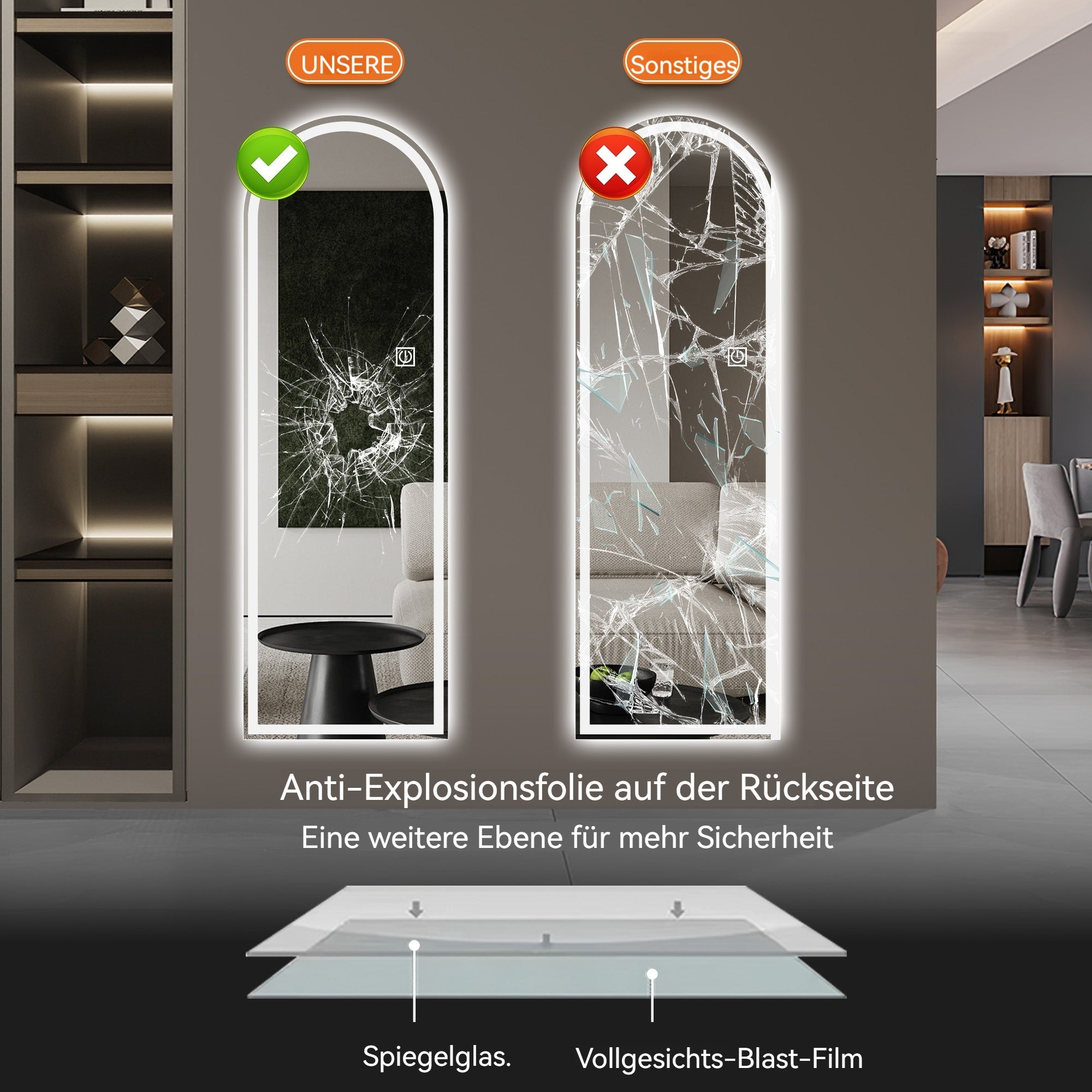 Arched Full-Length Mirror 165x50CM, LED Light, Dimmable 3-Color, Glass