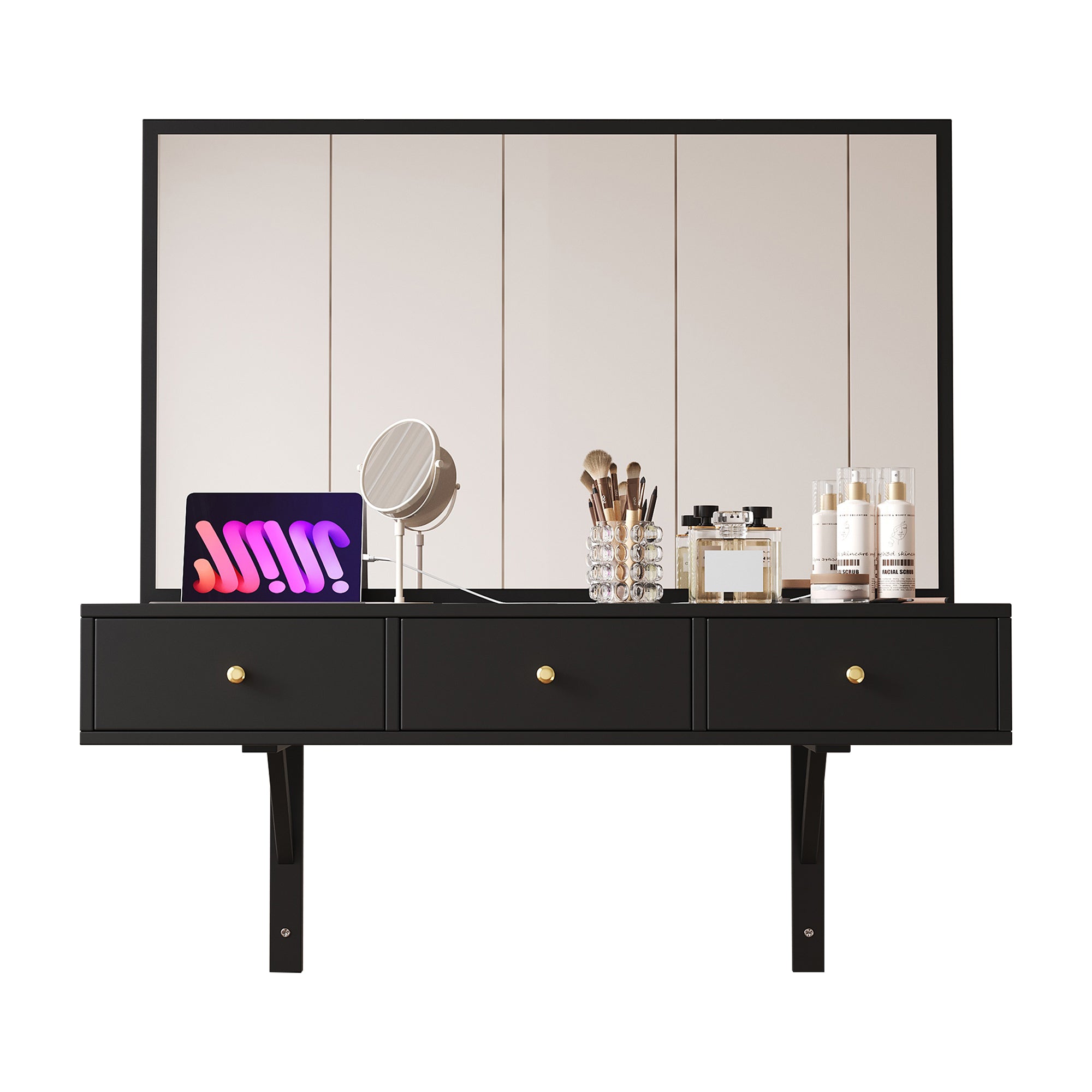 Wall-Mounted Vanity Table with Mirror, 3 Drawers, Power Outlets, Tablet/Card Slot, Drink Holder, Black