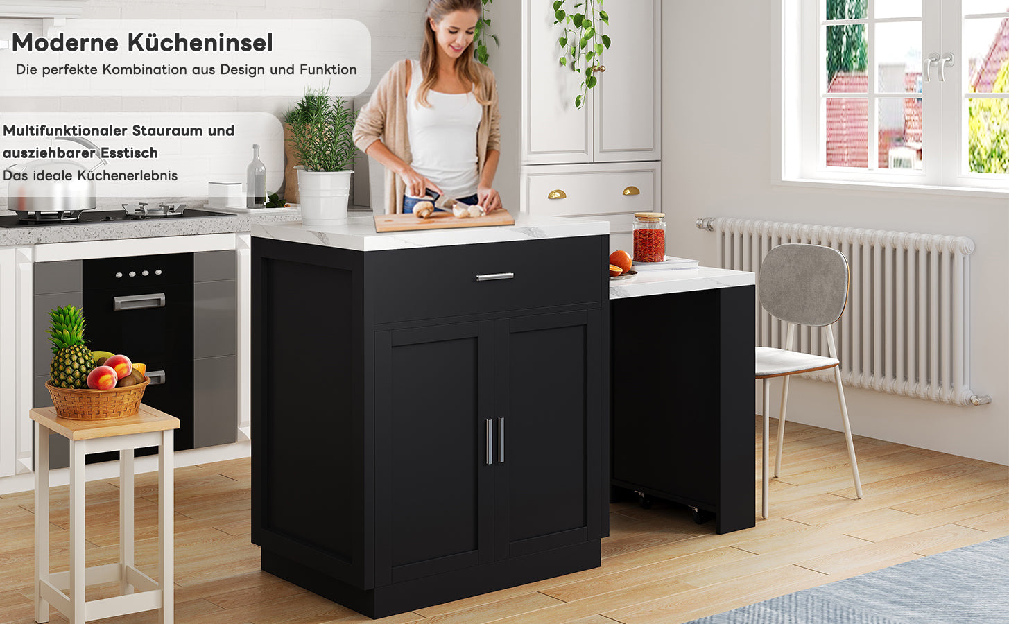 Kitchen Island with Extendable Dining Table for 4-6 People, Power Outlet and Storage Drawers, Black and White Marble Look