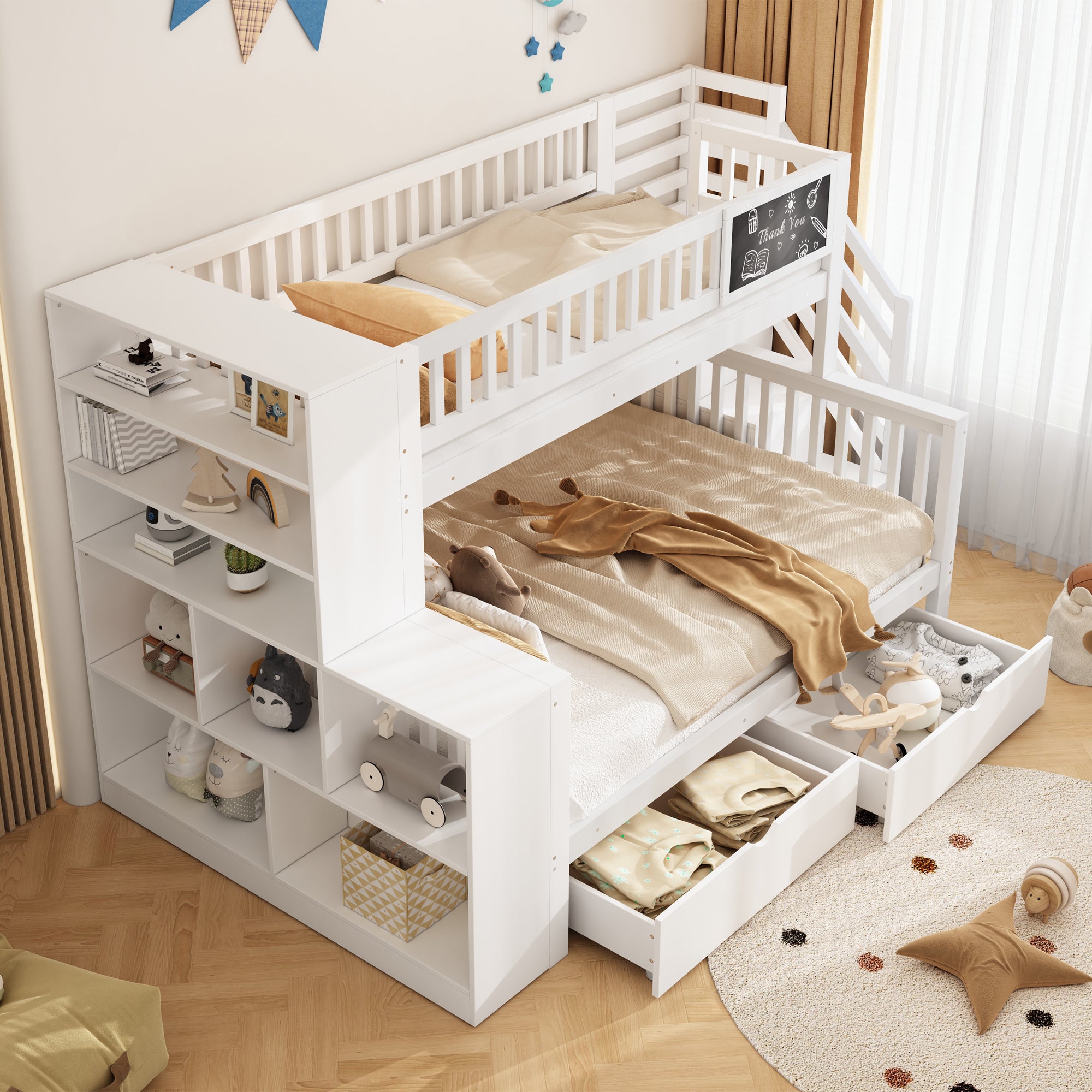 House Bed Bunk Bed with Graffiti Board, Stairs, Storage & Drawers, 140x200cm & 90x200cm, White
