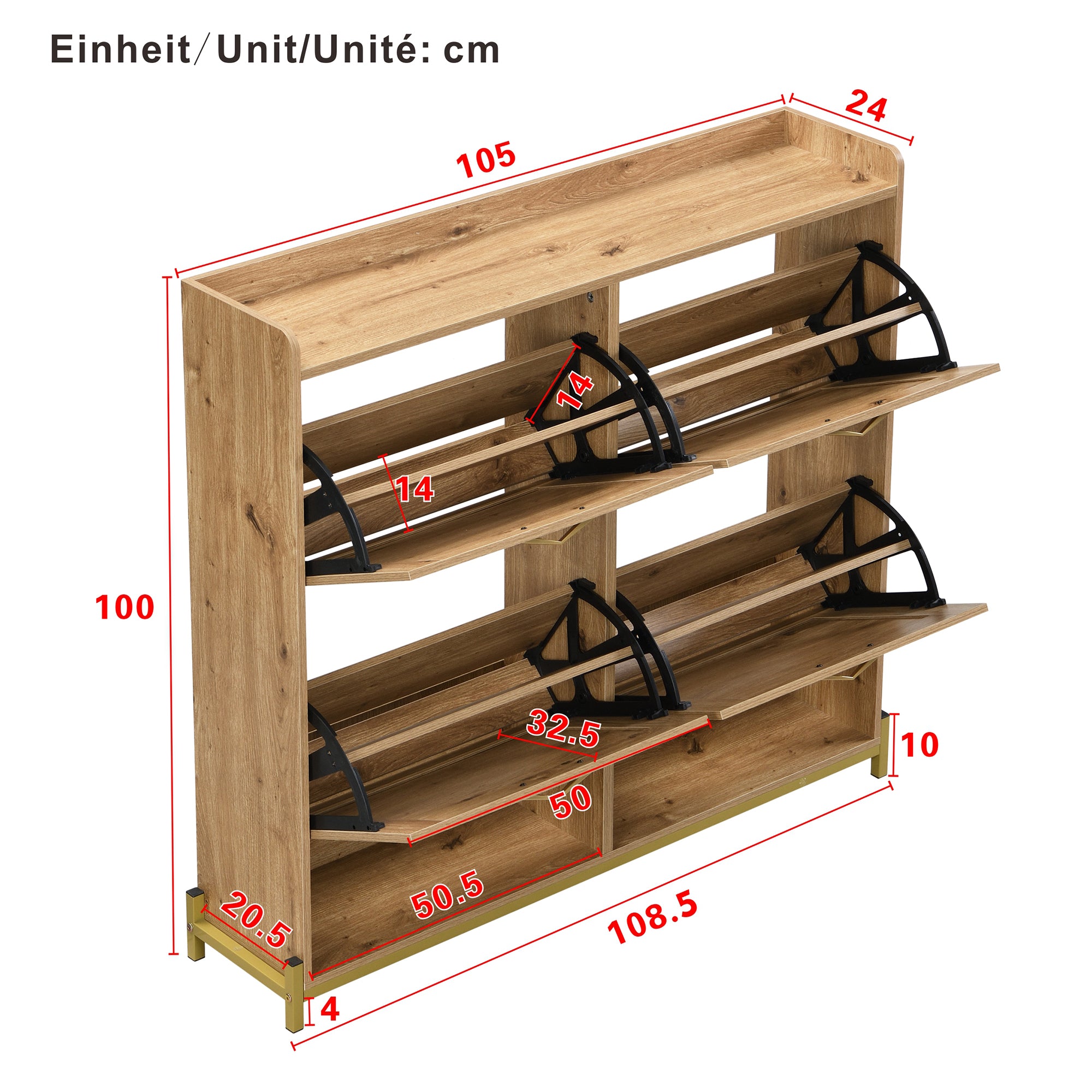 Elegant Shoe Cabinet 4 Doors Metal Frame Top Shelf Wooden Rattan