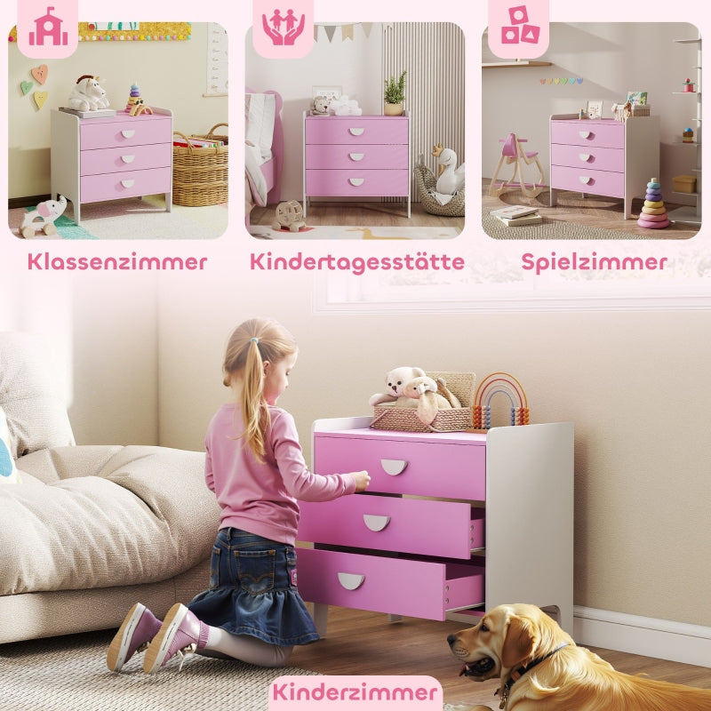 Children's Chest of Drawers, 3-Drawer Storage Cabinet, Pink+White MDF