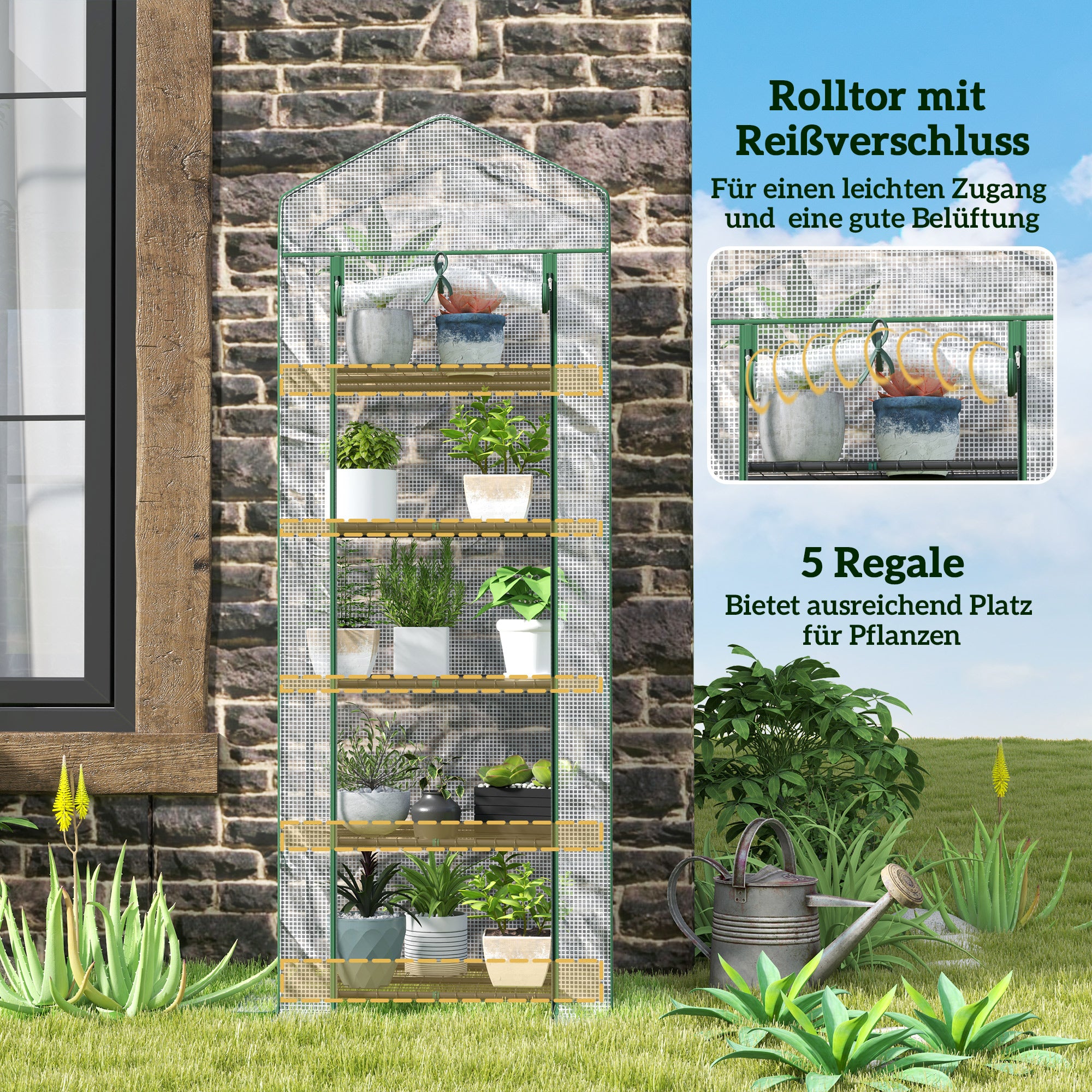 Greenhouse with Roll-Up Door and Shelves, Winter-Proof Steel Film, White