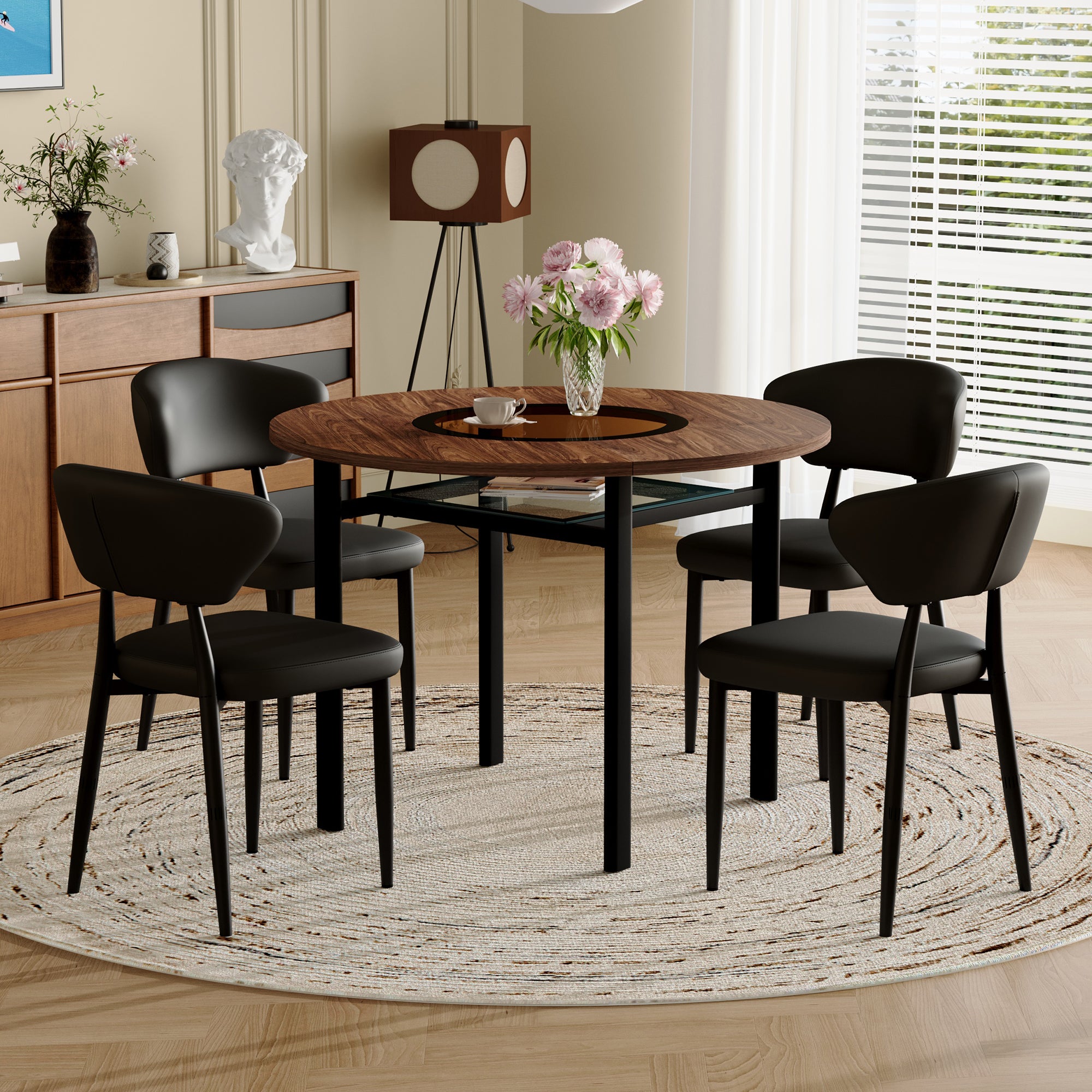Modern Minimalist Round Table Set with 4 Armchairs, 100cm Diameter Wood Look & Black PU