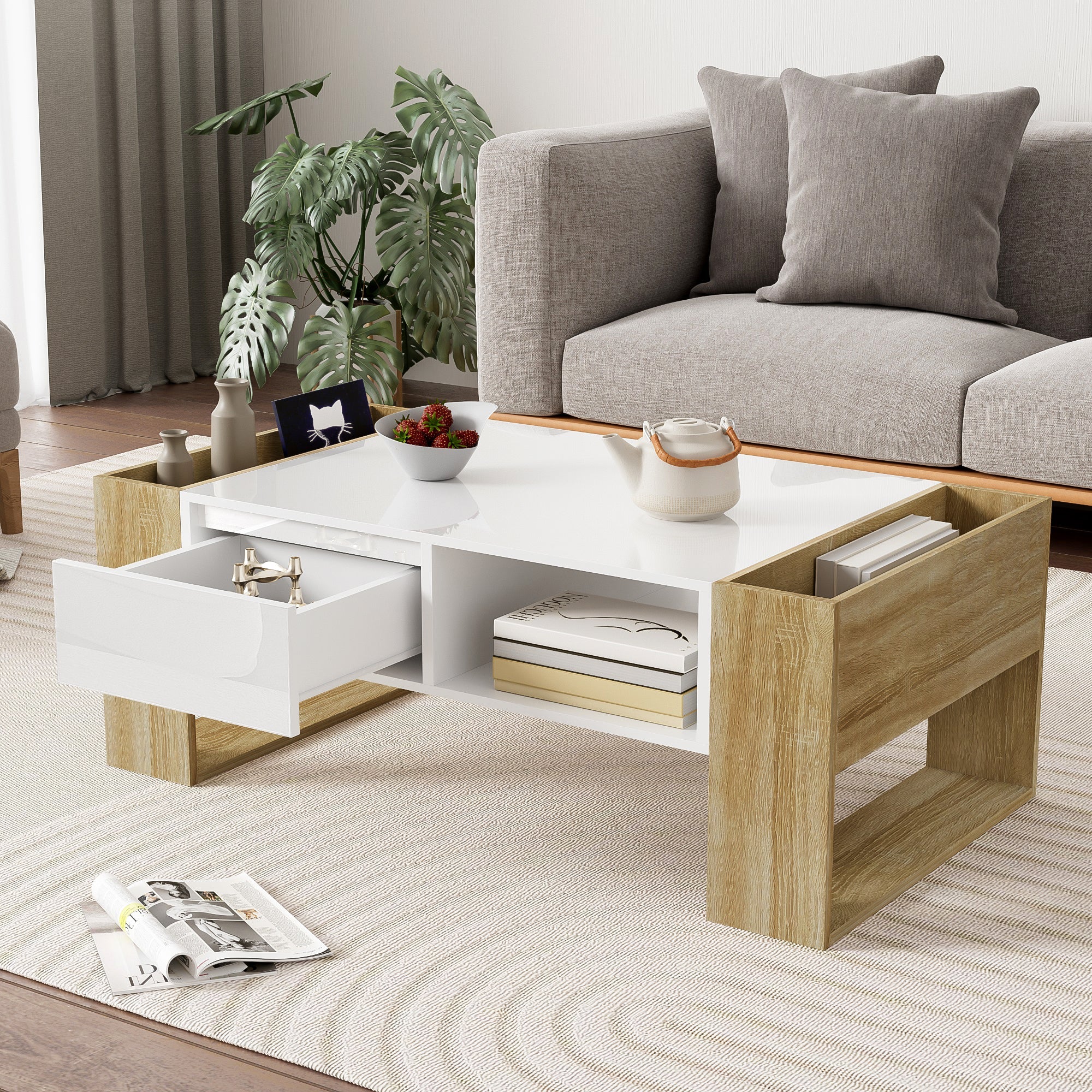 Modern coffee table 105 x 60 x 40 cm with drawers and open compartments, high gloss